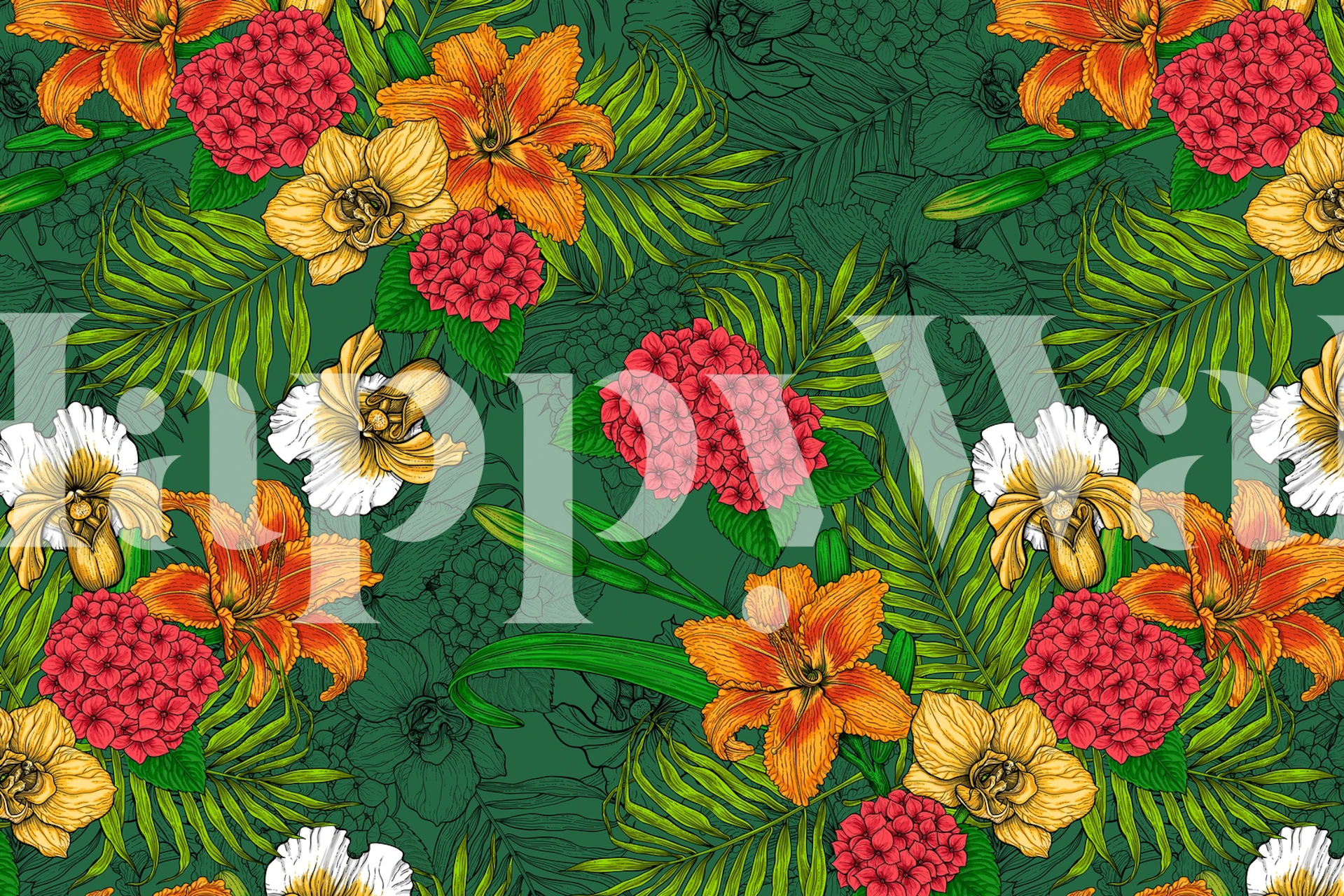 Vibrant tropical floral pattern wall mural with orange and yellow flowers and green foliage.