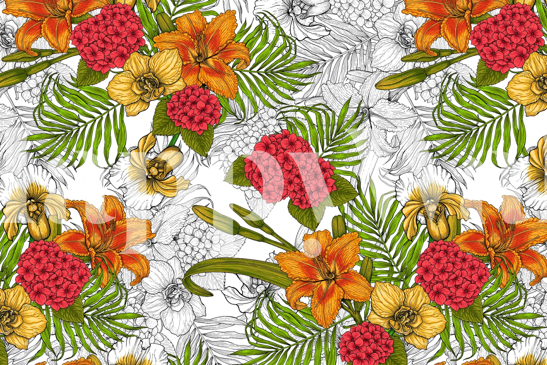 Żywa fototapeta z tropikalnymi kwiatami i zielenią