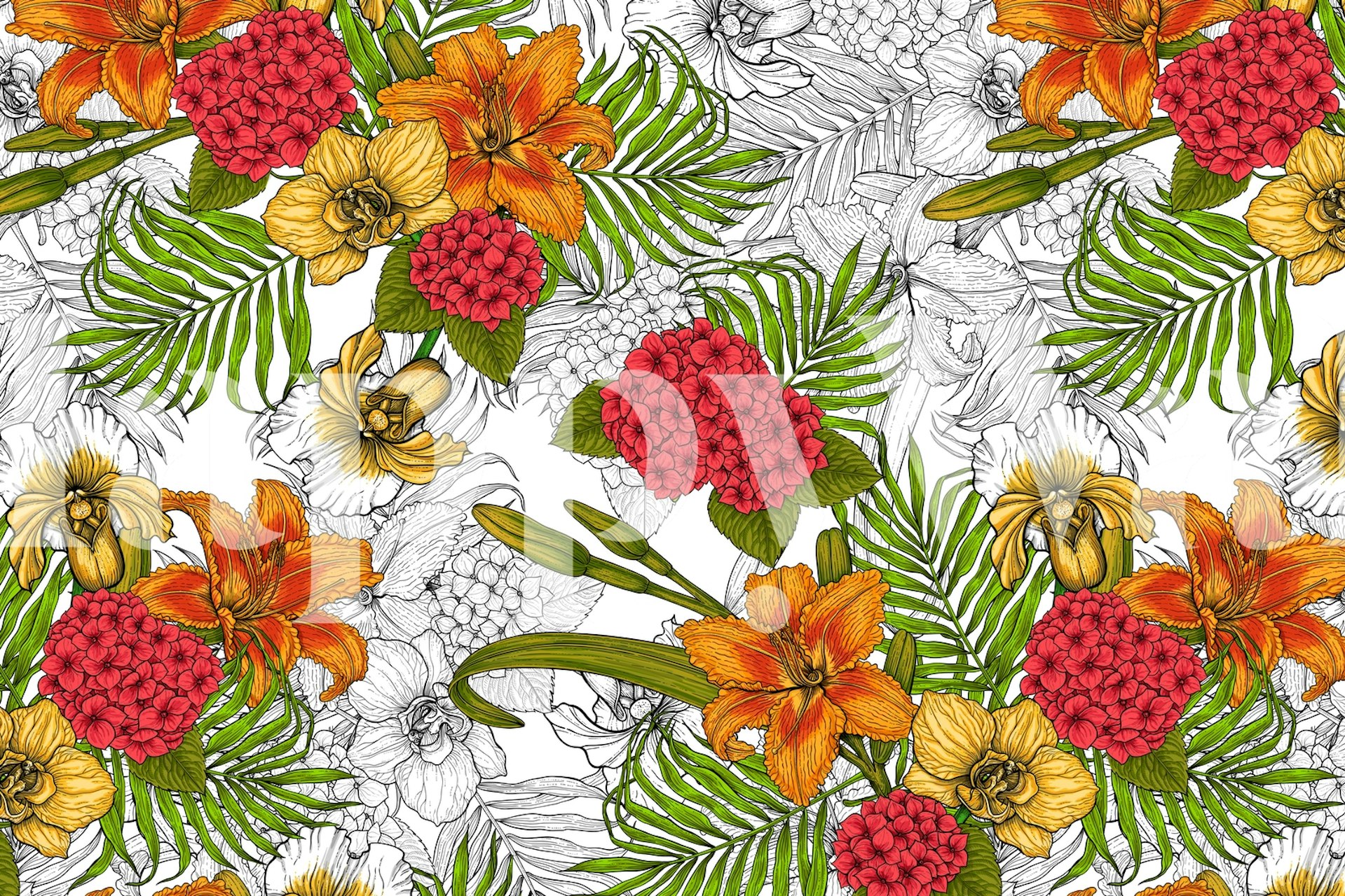 Vibrant tropical flowers and greenery wall mural