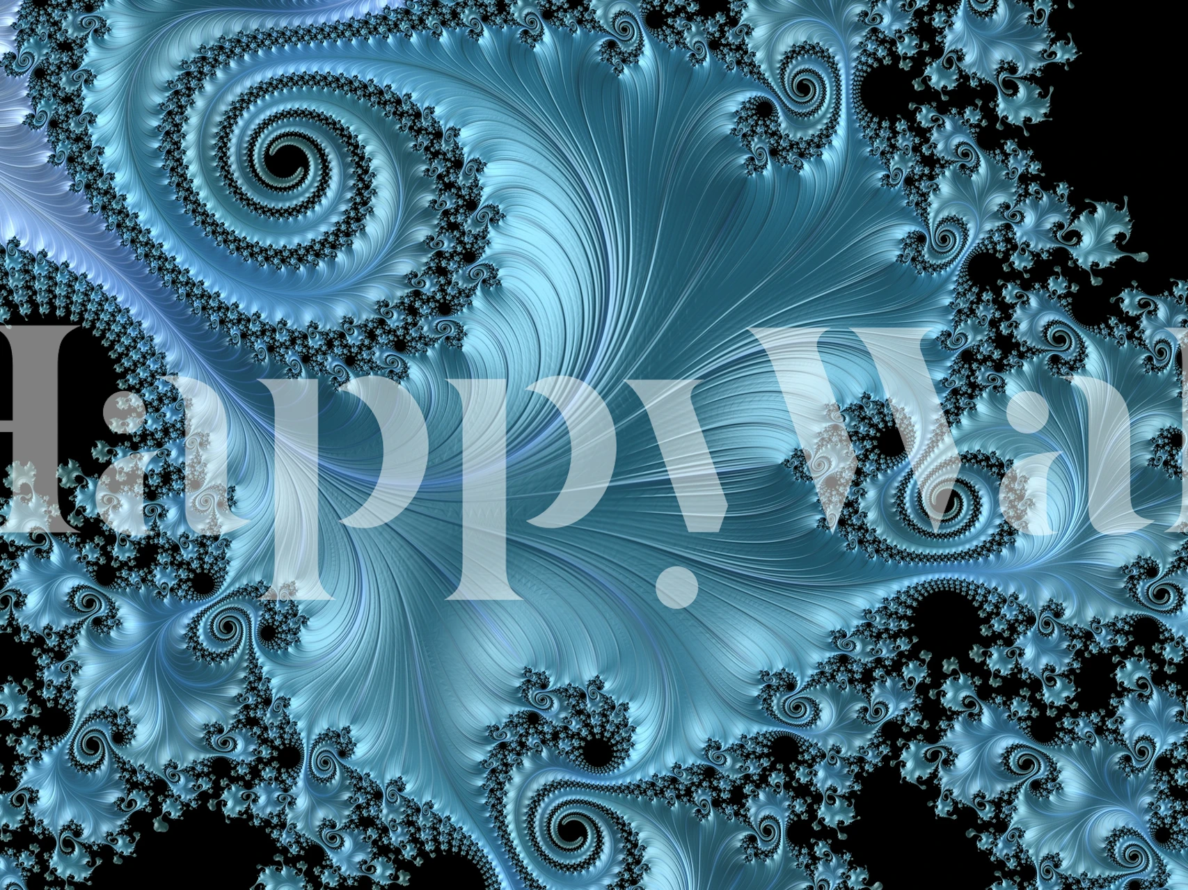 Abstract blue wave fractal wall mural design with swirling patterns and shades of blue