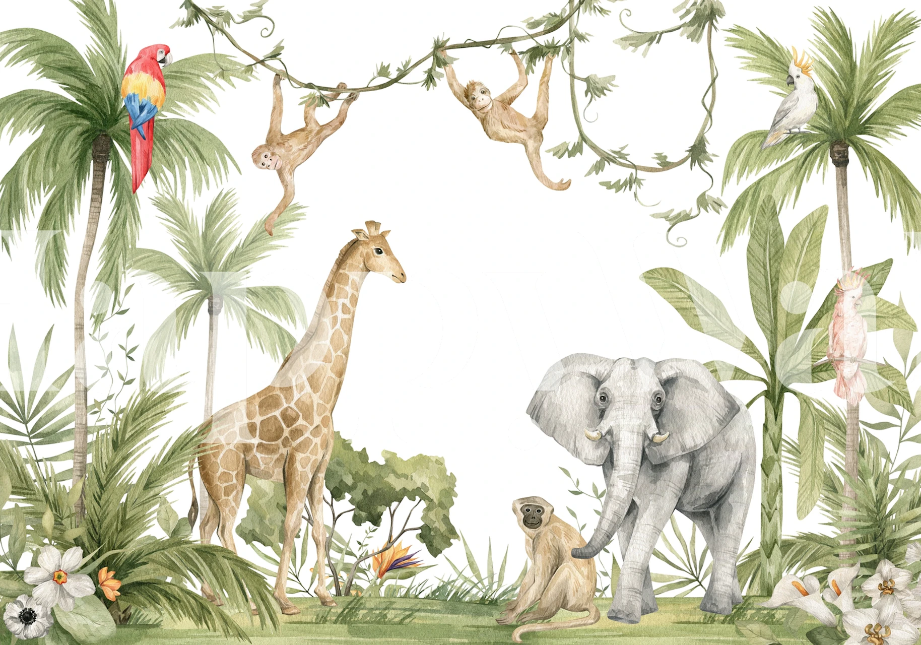 Giraffe, elephant, monkeys, and tropical plants wallpaper