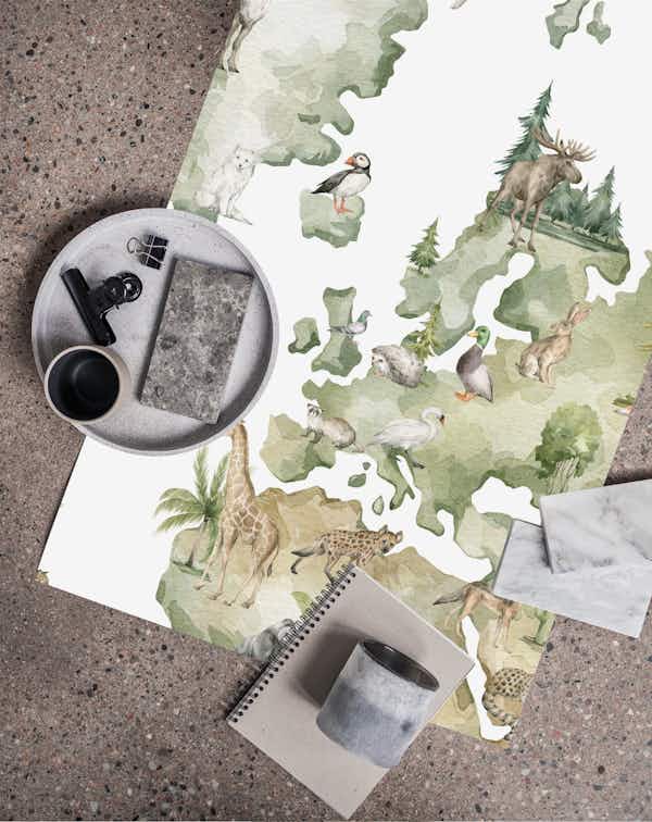 Watercolor animal world map wallpaper roll