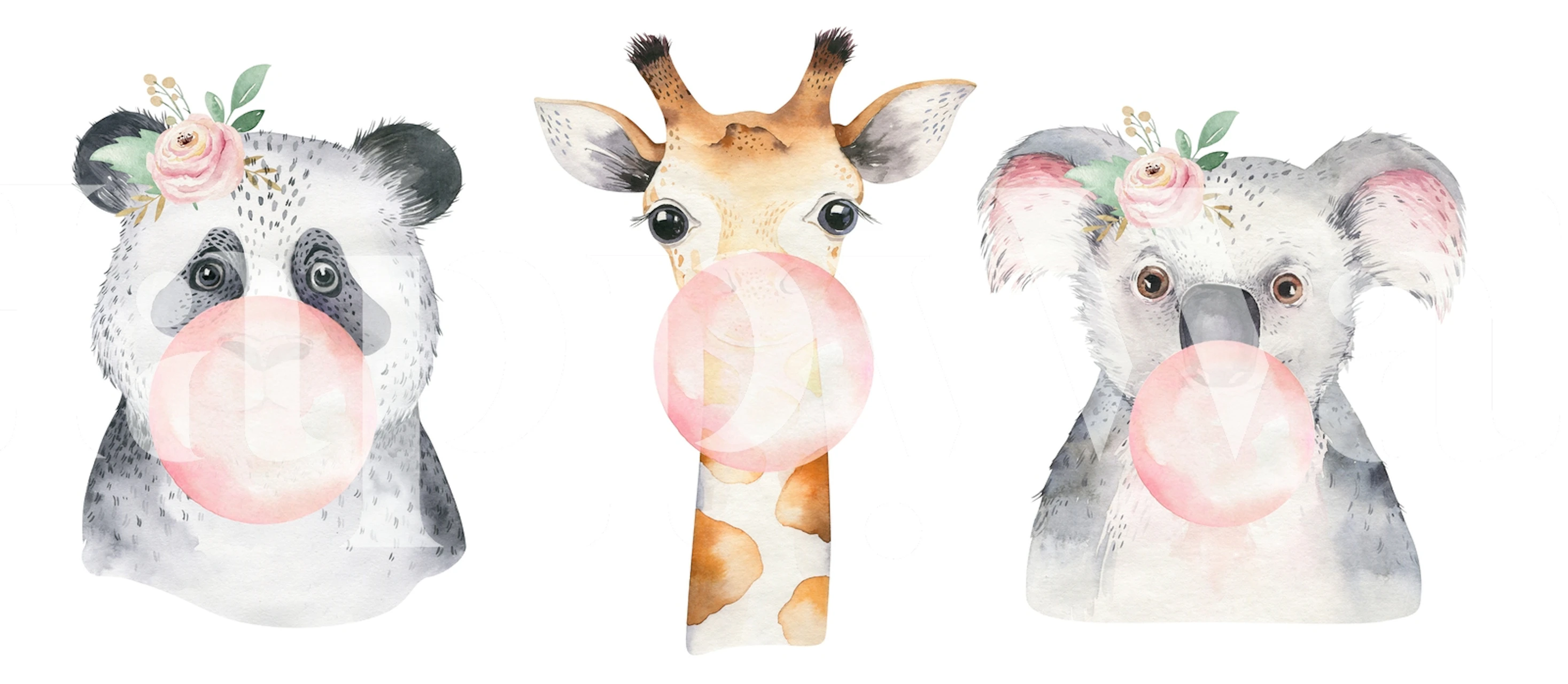 Adorable panda, giraffe, and koala blowing bubblegum wallpaper