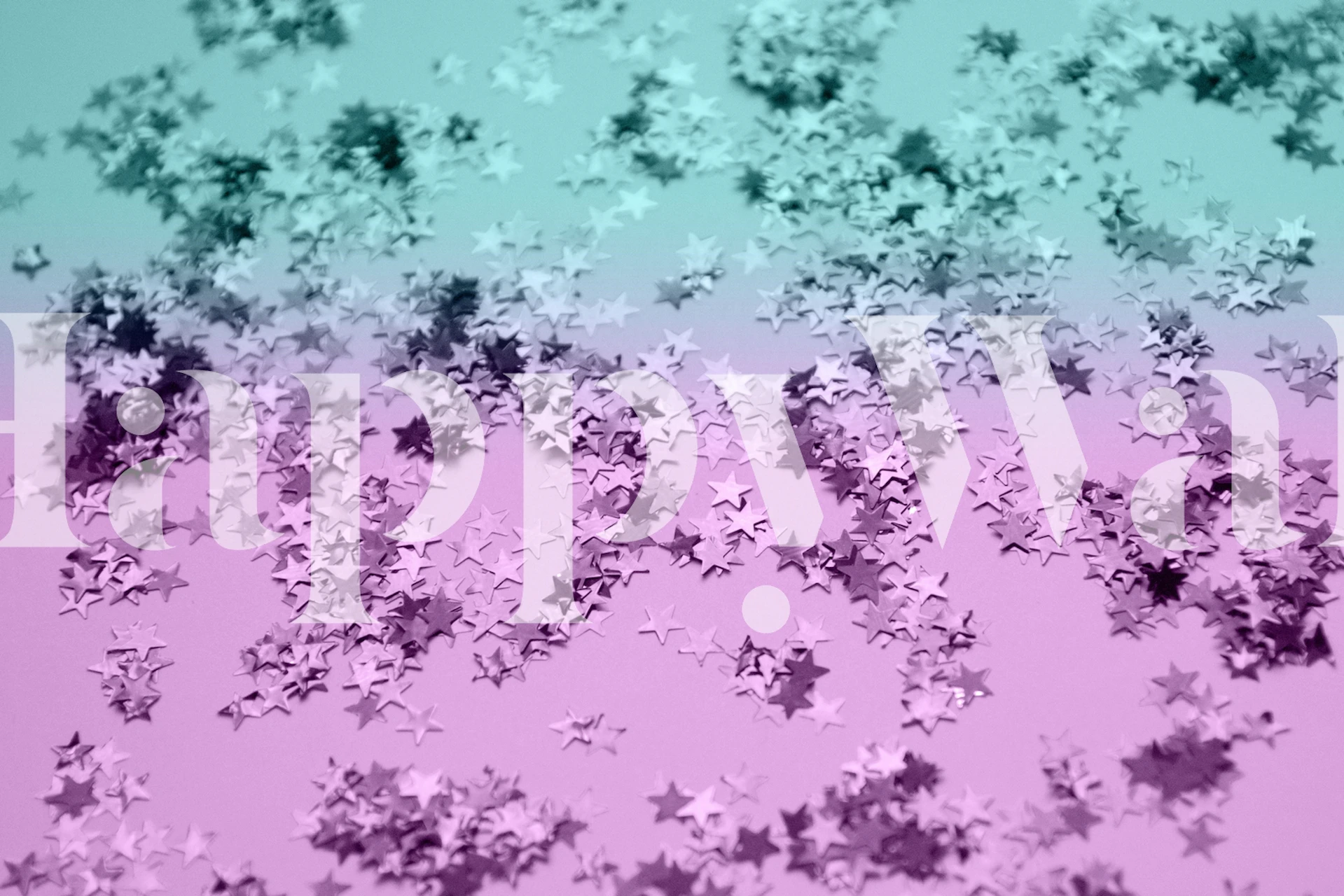 Merenneito-teemainen gradienttiseinämaalaus, jossa kimaltelevia tähtiä sinivihreissä ja vaaleanpunaisissa sävyissä