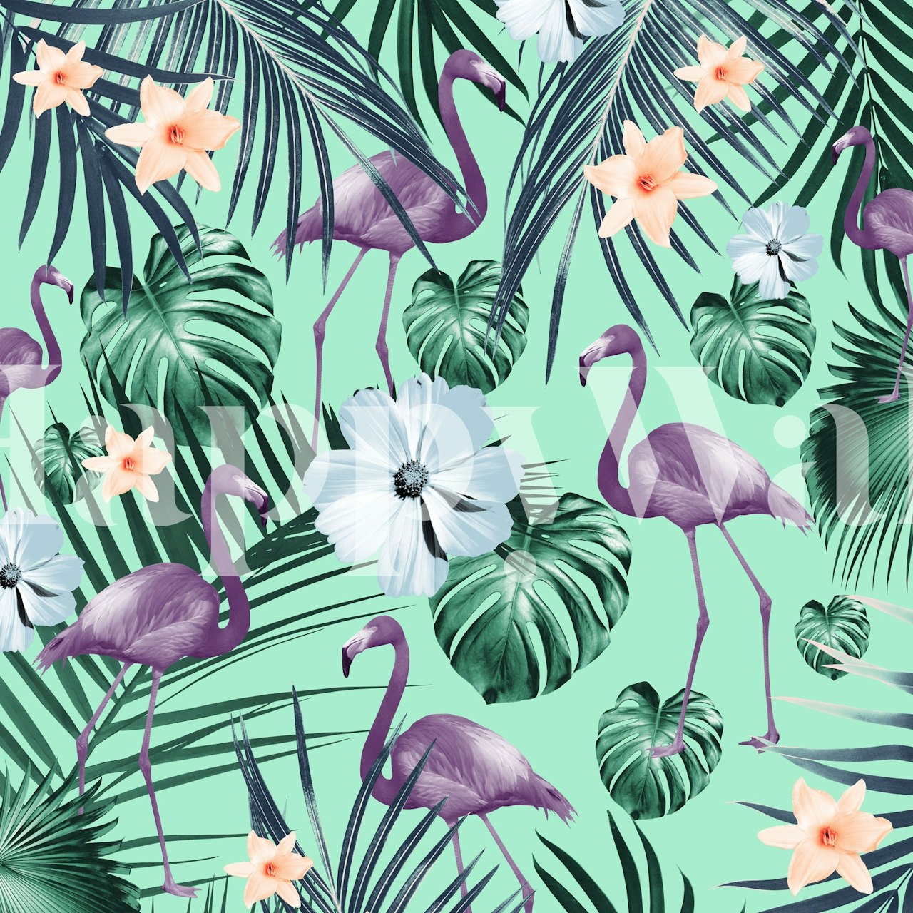 Tropical flamingo wallpaper with green leaves and pink flowers