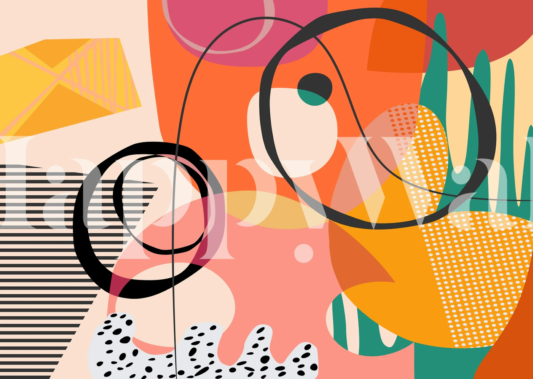 Colorful abstract shapes and lines in orange, pink, and green wallpaper