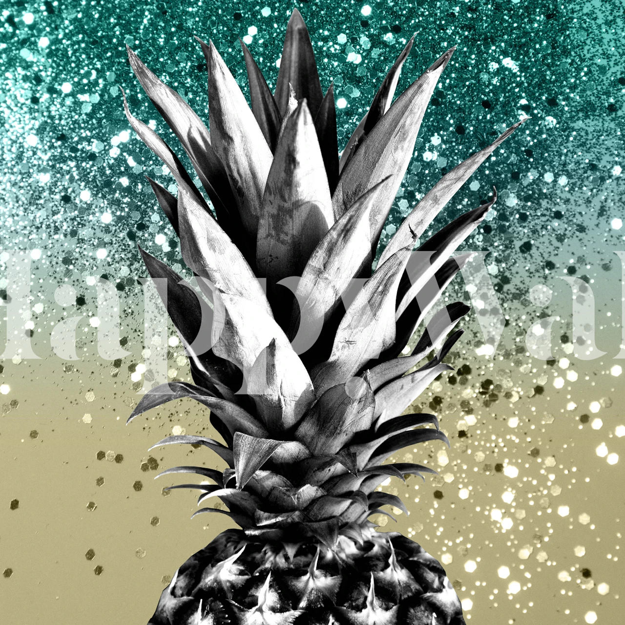Grafische ananas muurschildering met zilveren en gouden spatten op een blauwgroen achtergrond