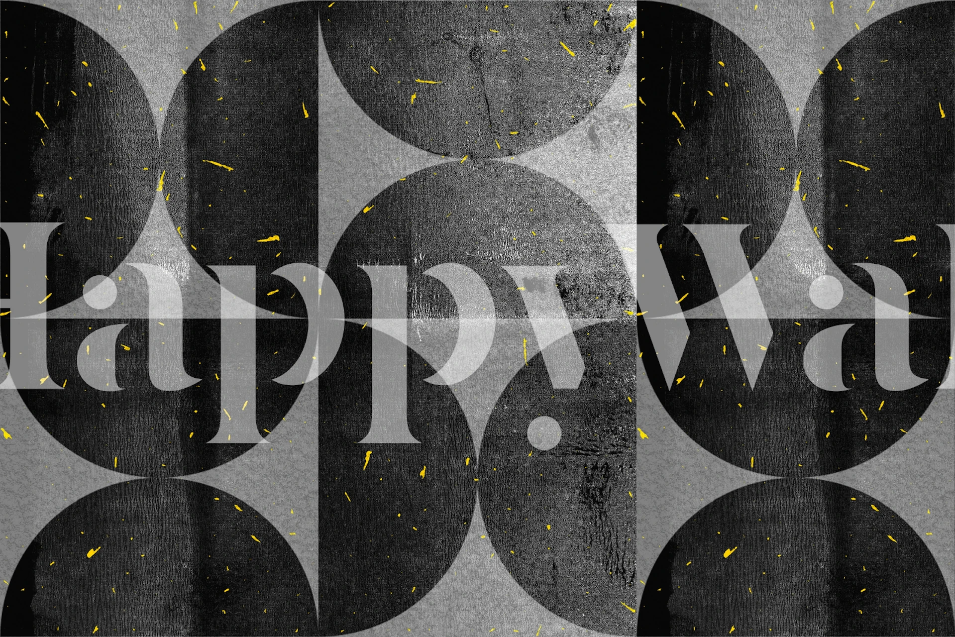 Black and gold geometric pattern wallpaper with circular motifs.