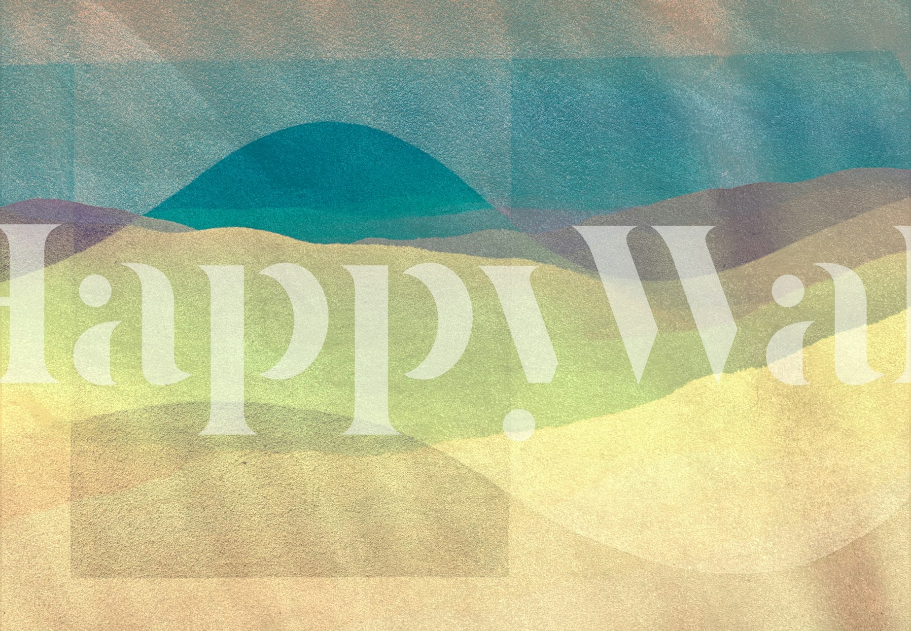Abstract summer sun wall mural with teal, green, and tan hues in a serene landscape design.
