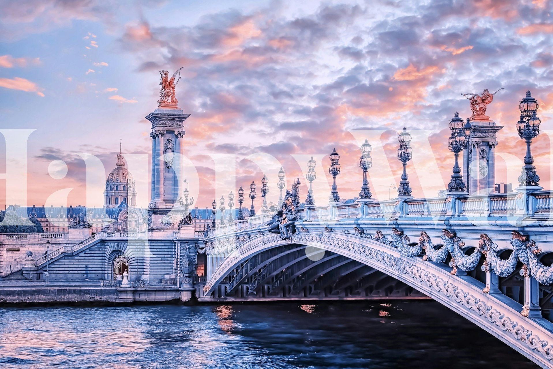 Papel pintado de arquitectura de París con puente y atardecer