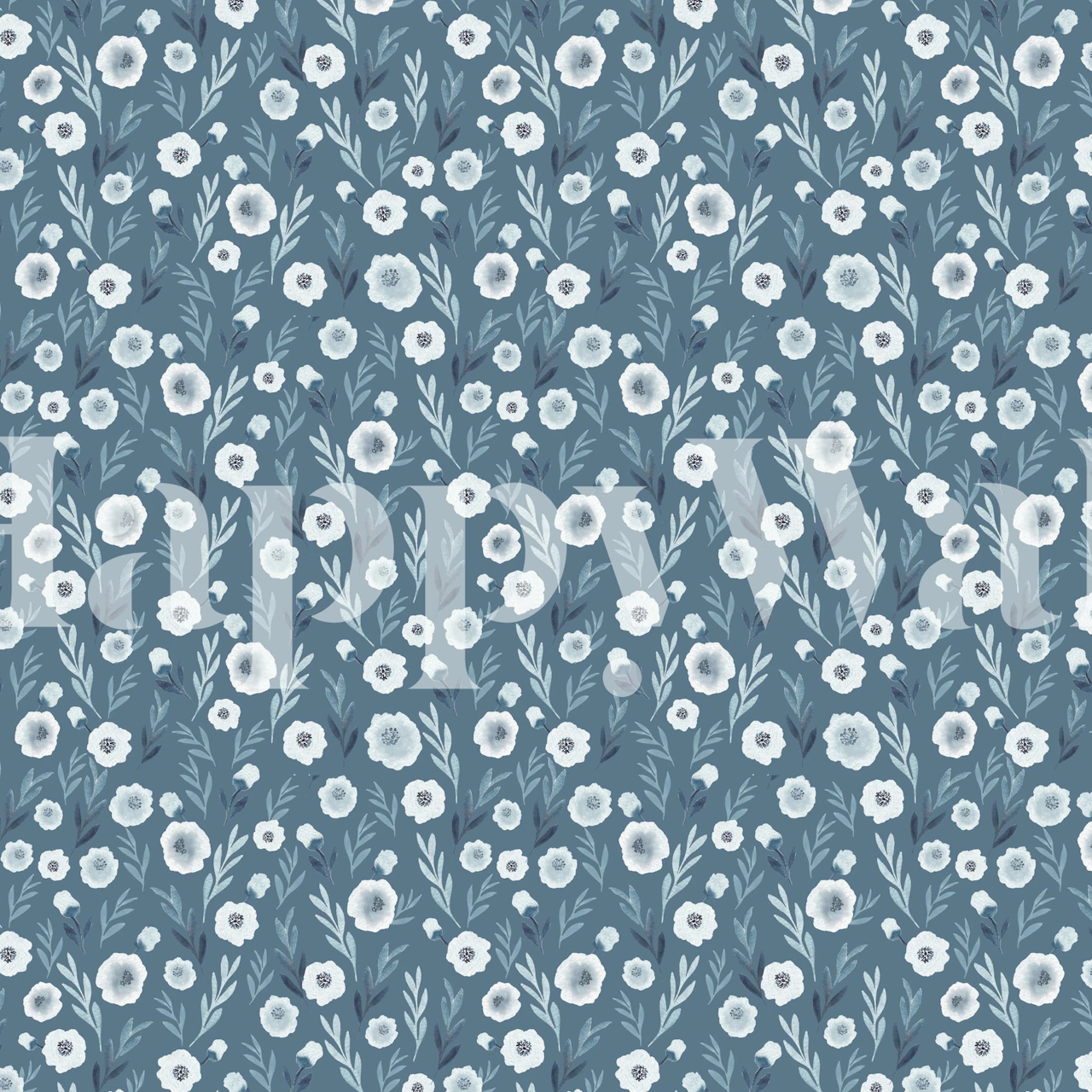 Blue floral print on blue background wallpaper