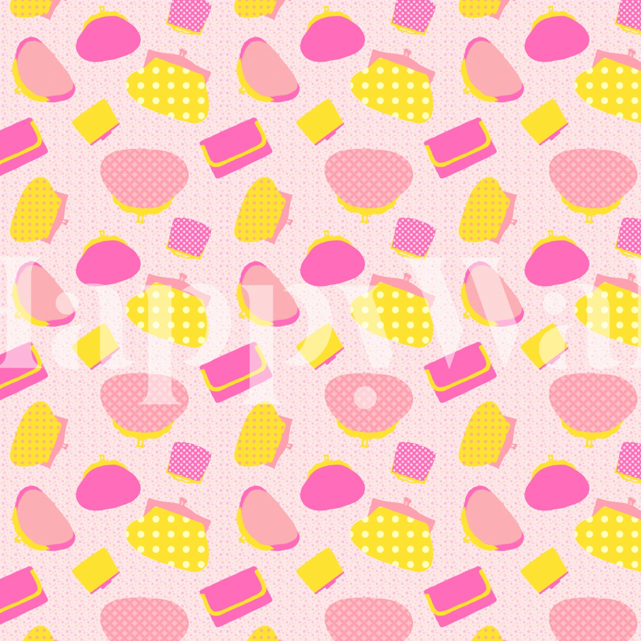 Colorful pink purse patterns on a yellow background wallpaper