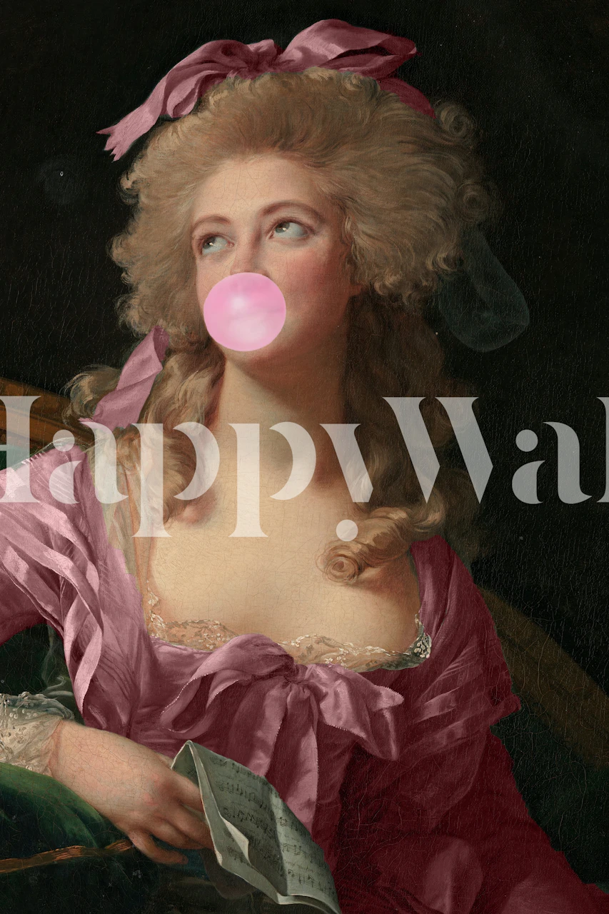 An elegant, classical portrait of a woman with a pink bow blowing a bubble gum