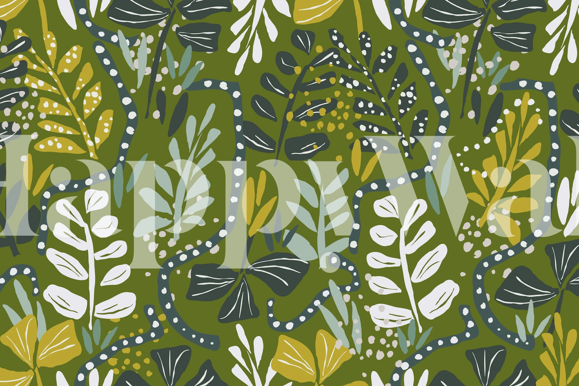 Green botanical leaves pattern wallpaper with white and yellow accents
