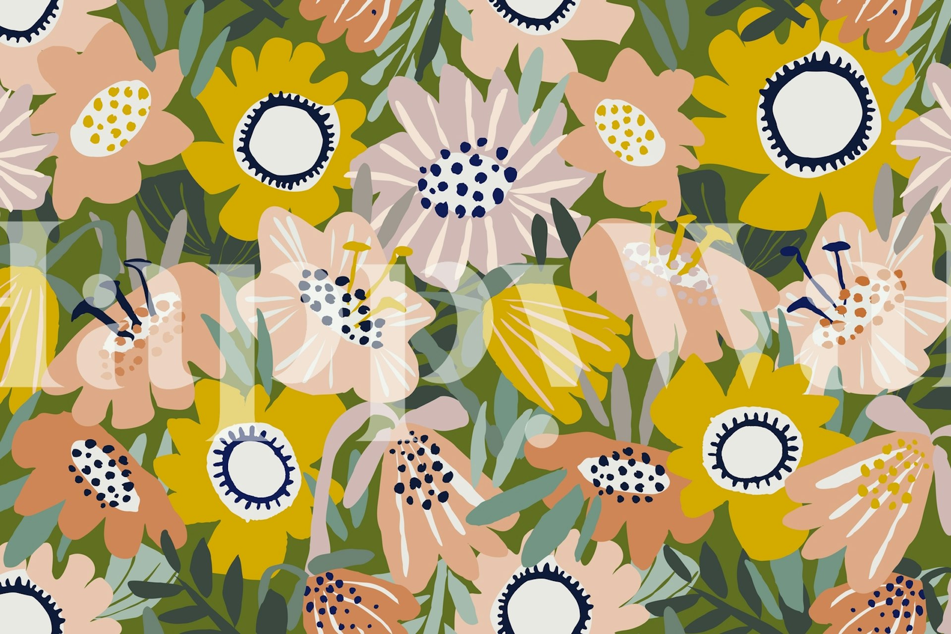 Colorful tropical floral wallpaper featuring yellow, pink, and green elements