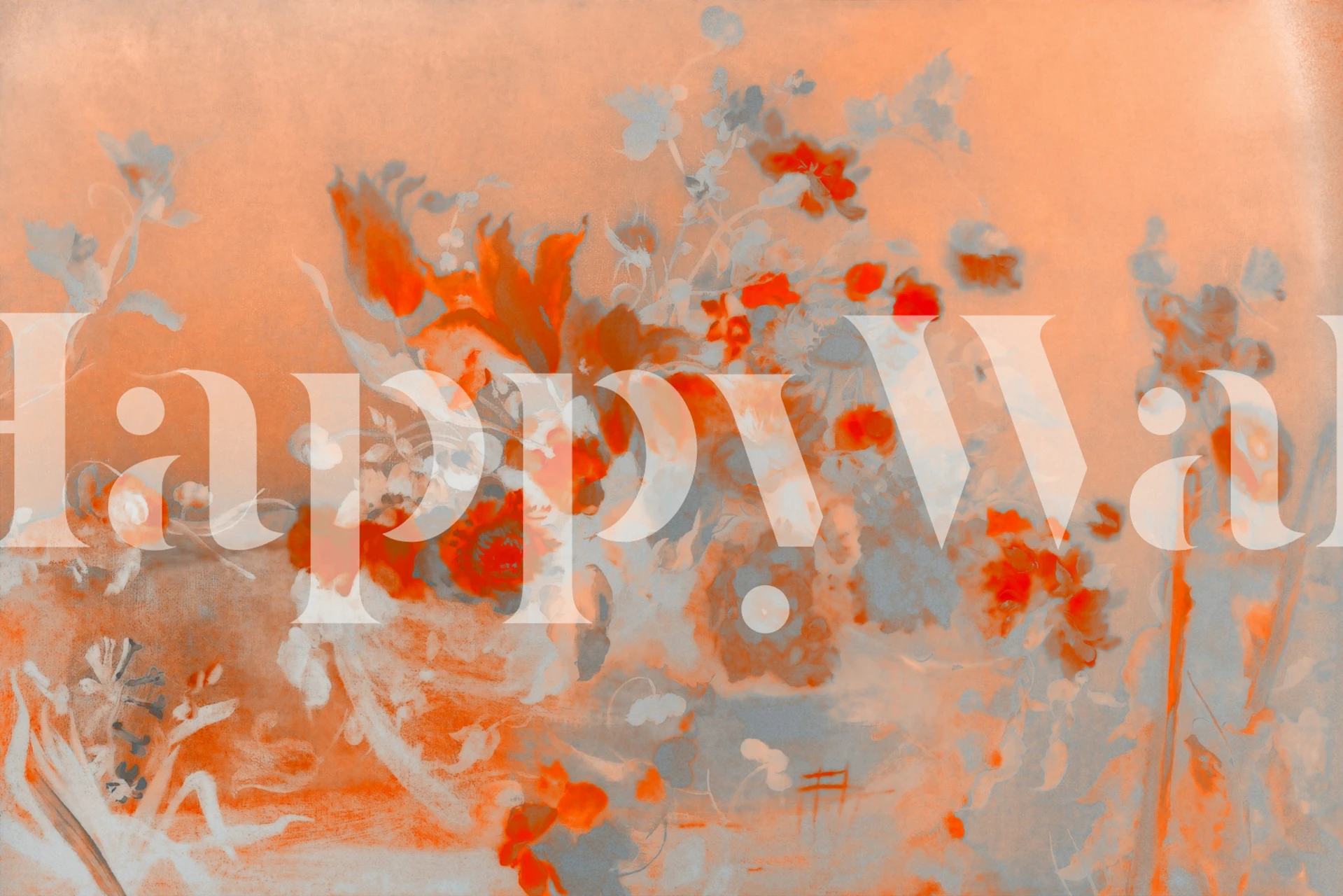 Orange and peach grunge-style wall mural with floral design