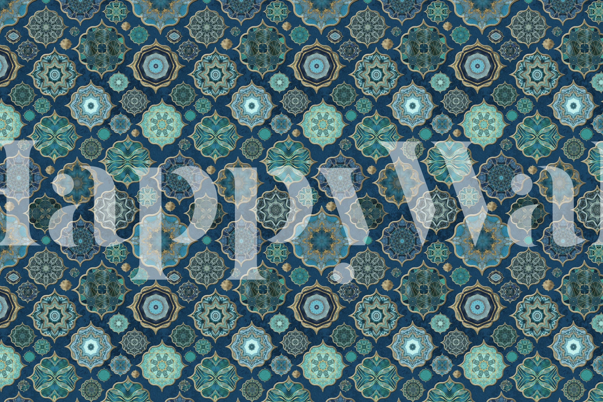 Teal Moroccan tile design featuring intricate patterns and geometric shapes wallpaper