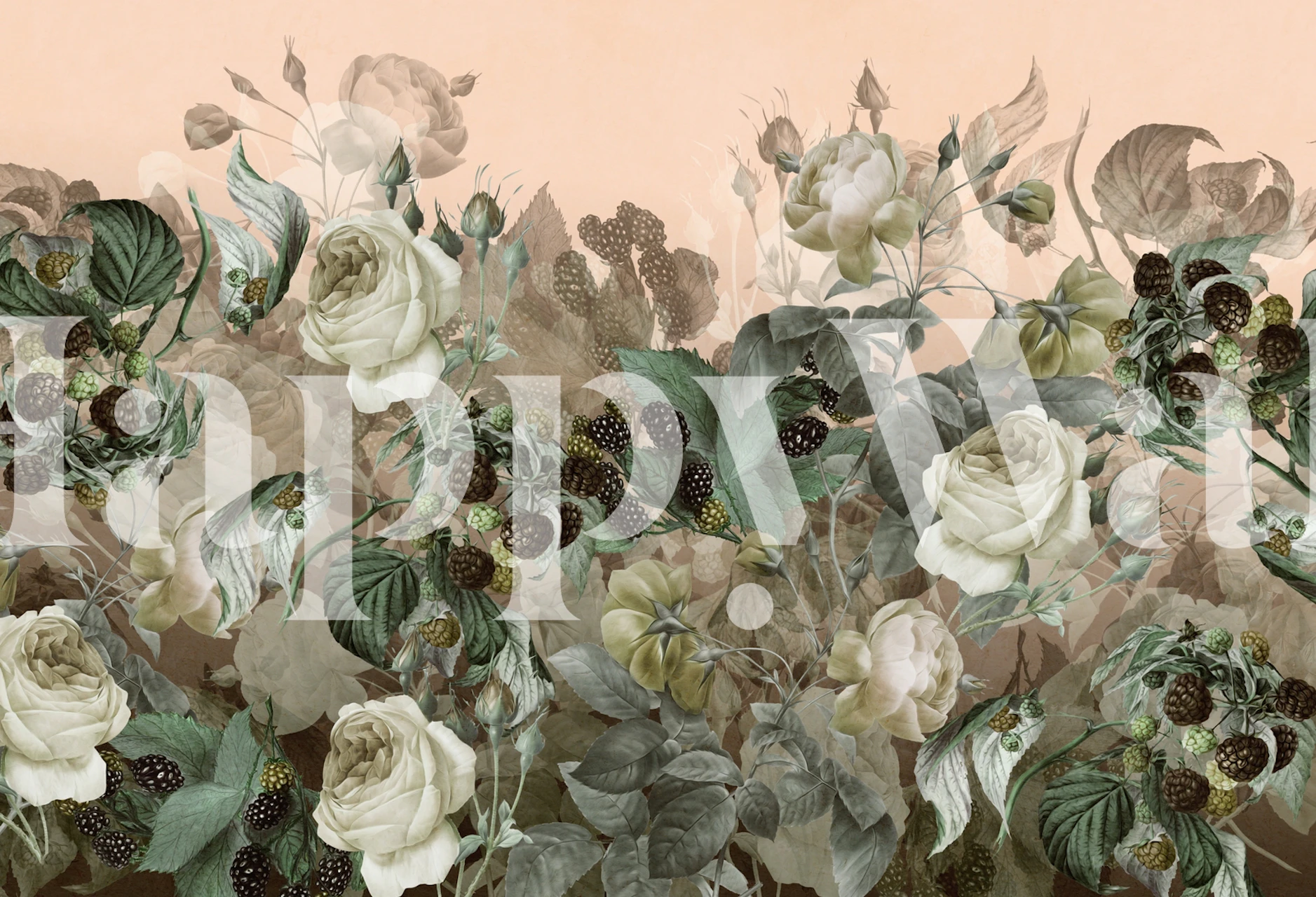 Vintage floral wallpaper with soft roses and blackberries in muted tones