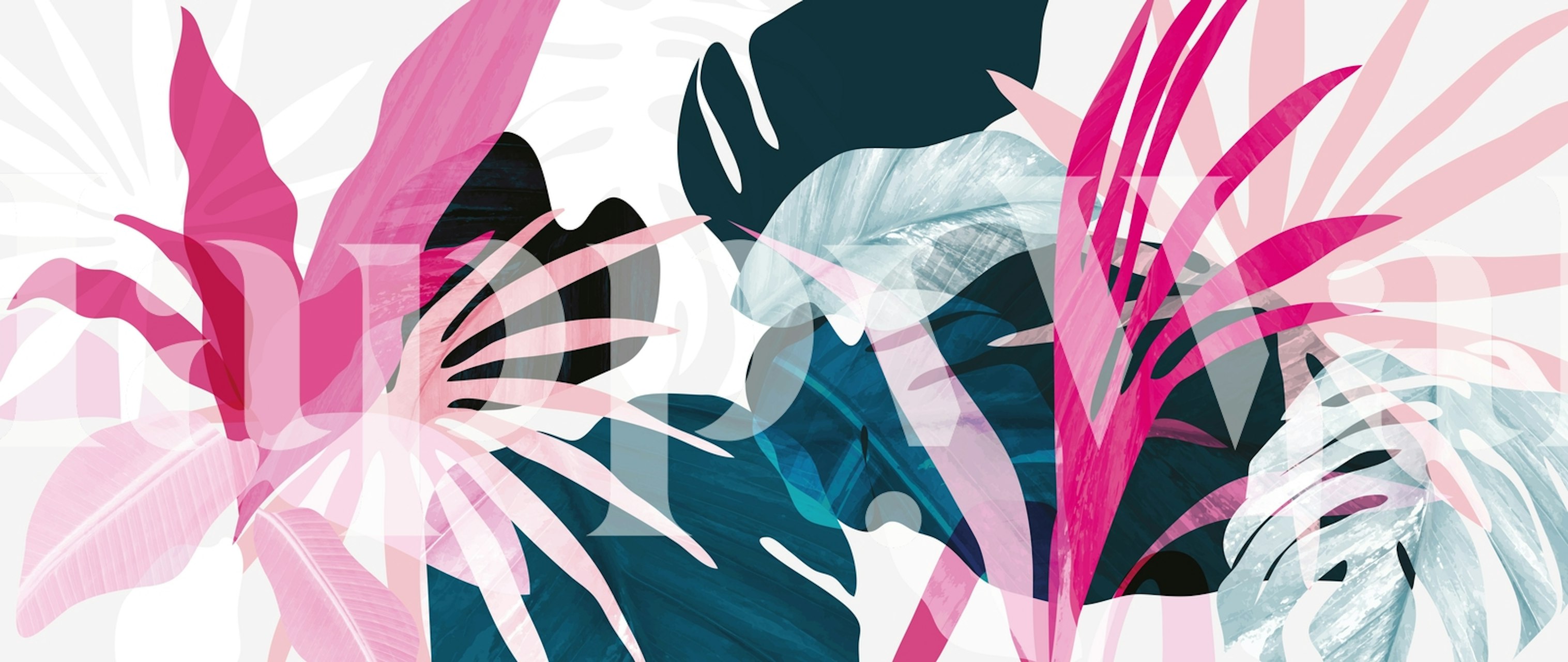 Tropical leaves in pink and blue tones wallpaper