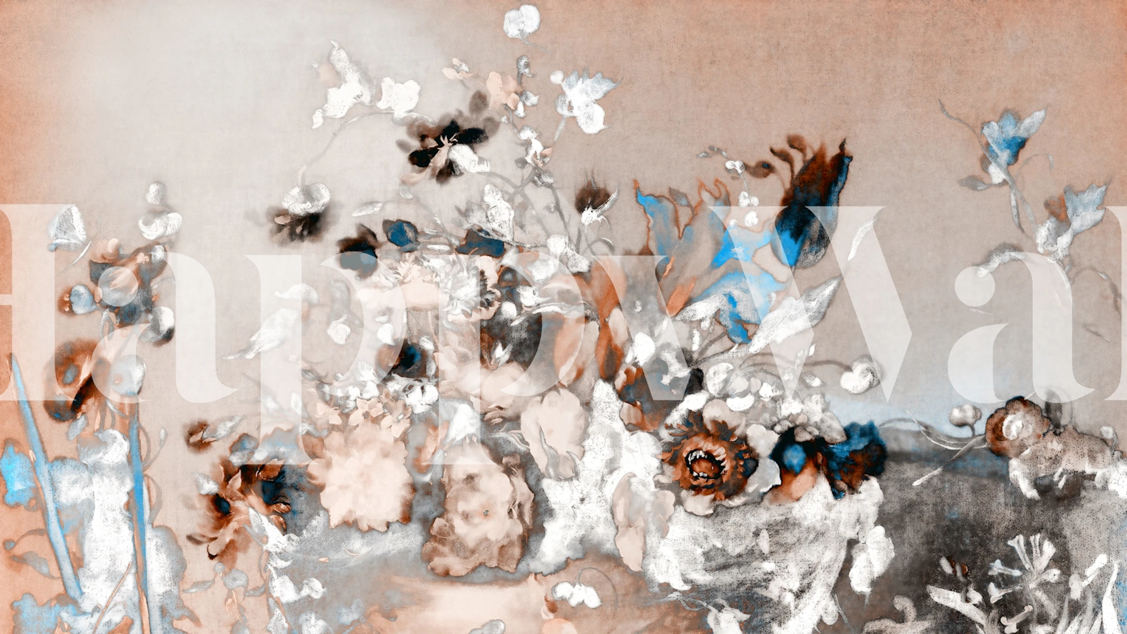 Vintage floral pattern in hues of brown, blue, and cream wallpaper