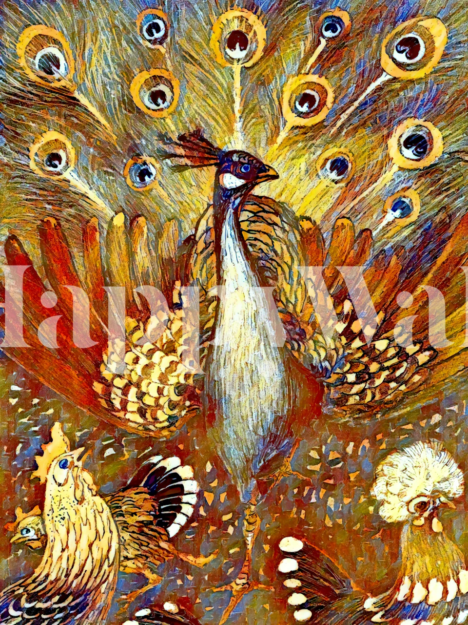 Golden Vintage Peacock wallpaper displayed on wall