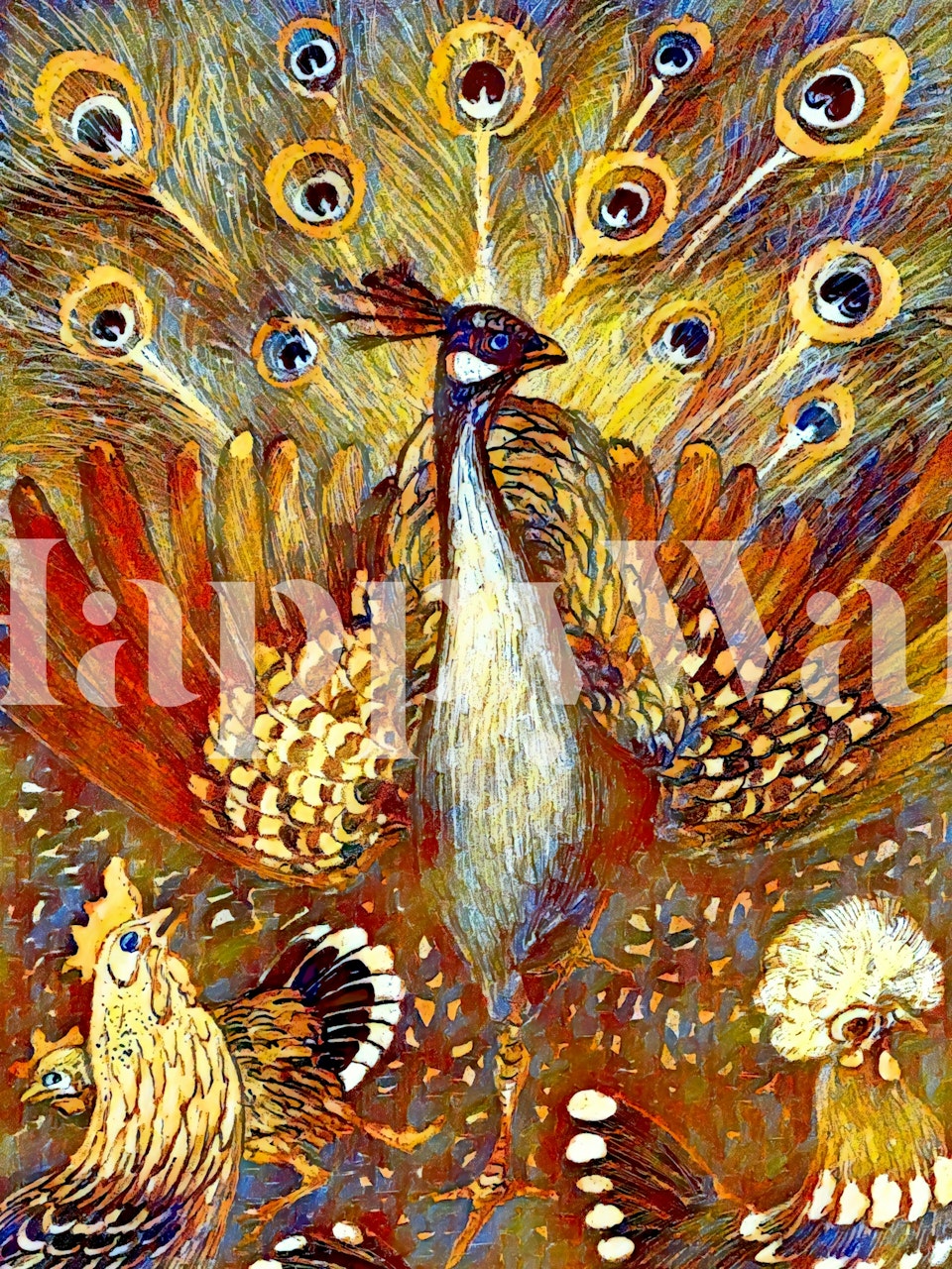 Golden Vintage Peacock wallpaper displayed on wall