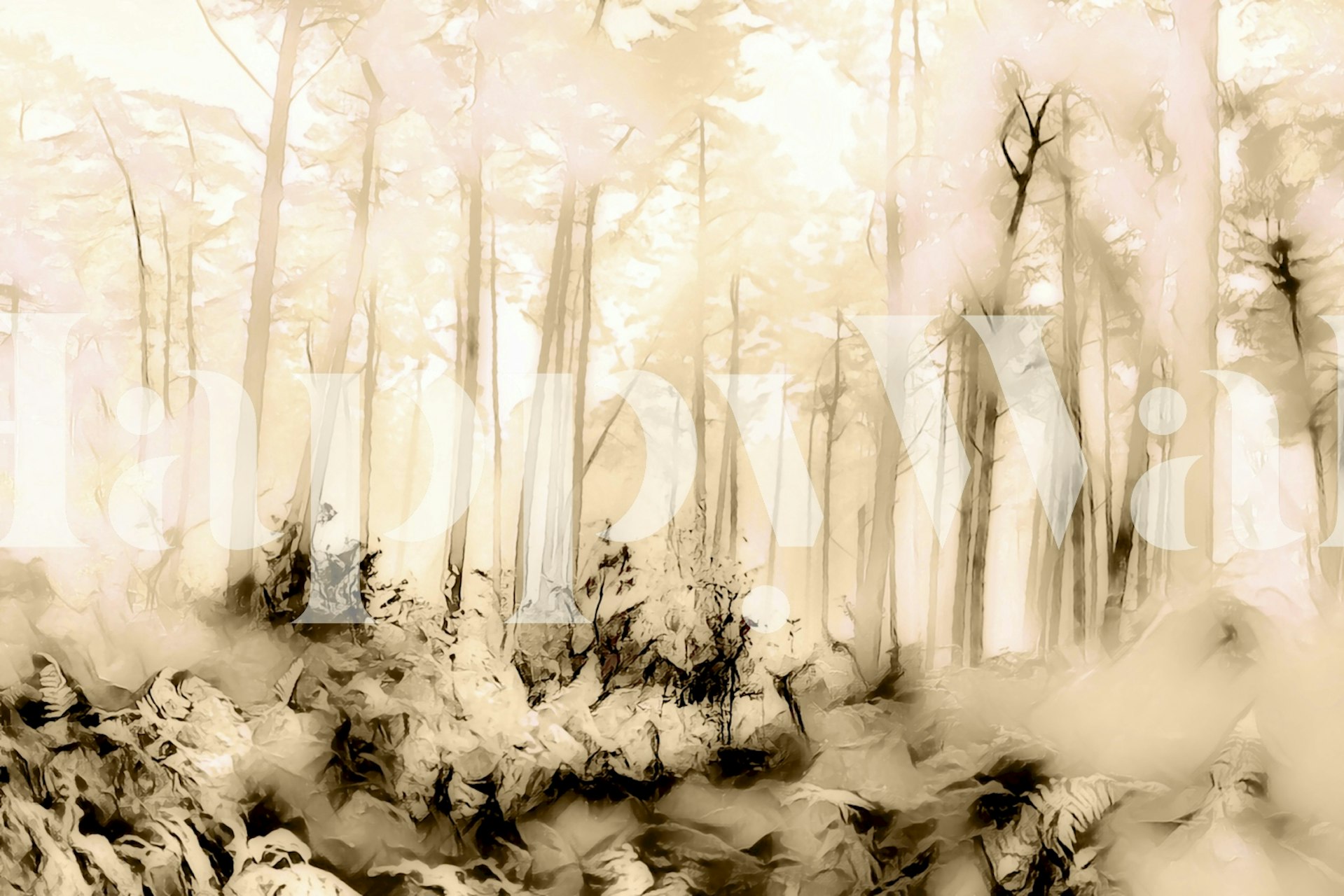 Misty forest scenery with soft brown tones wallpaper