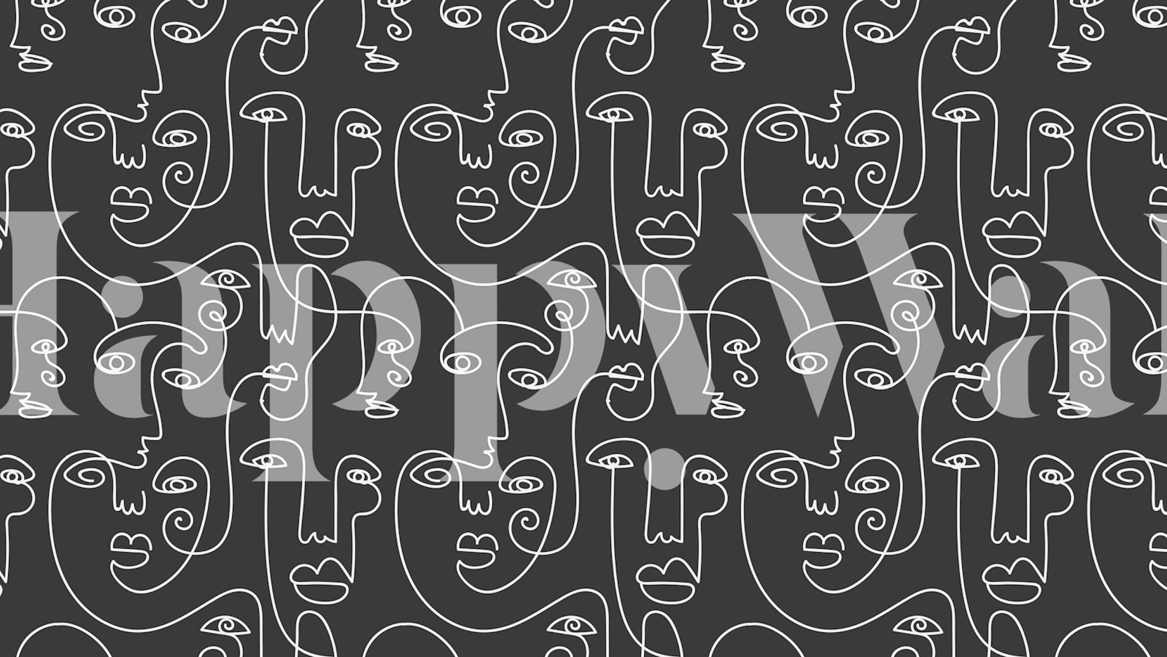 Abstract black line drawing faces on dark background wallpaper