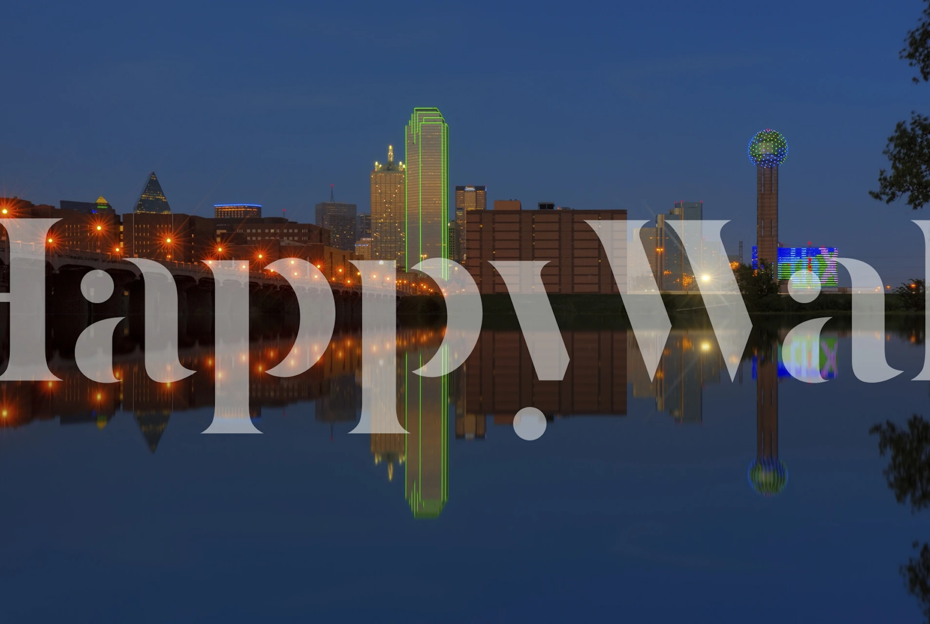 Dallas skyline at twilight with vibrant city lights and reflections wallpaper