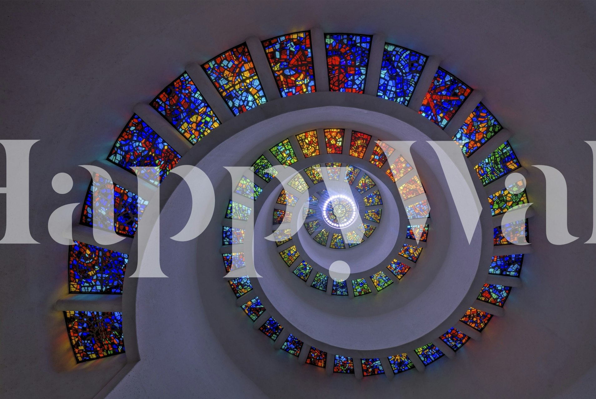 Spiral staircase with colorful stained-glass ceiling wall mural