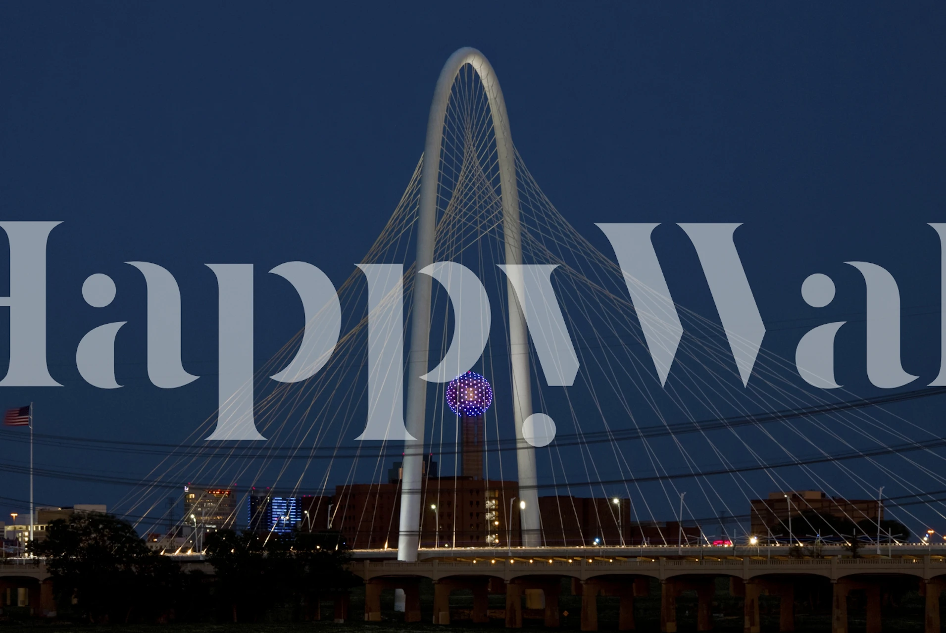 Margaret Hunt Hill Bridge wall mural at night with illuminated cables against a dusky sky
