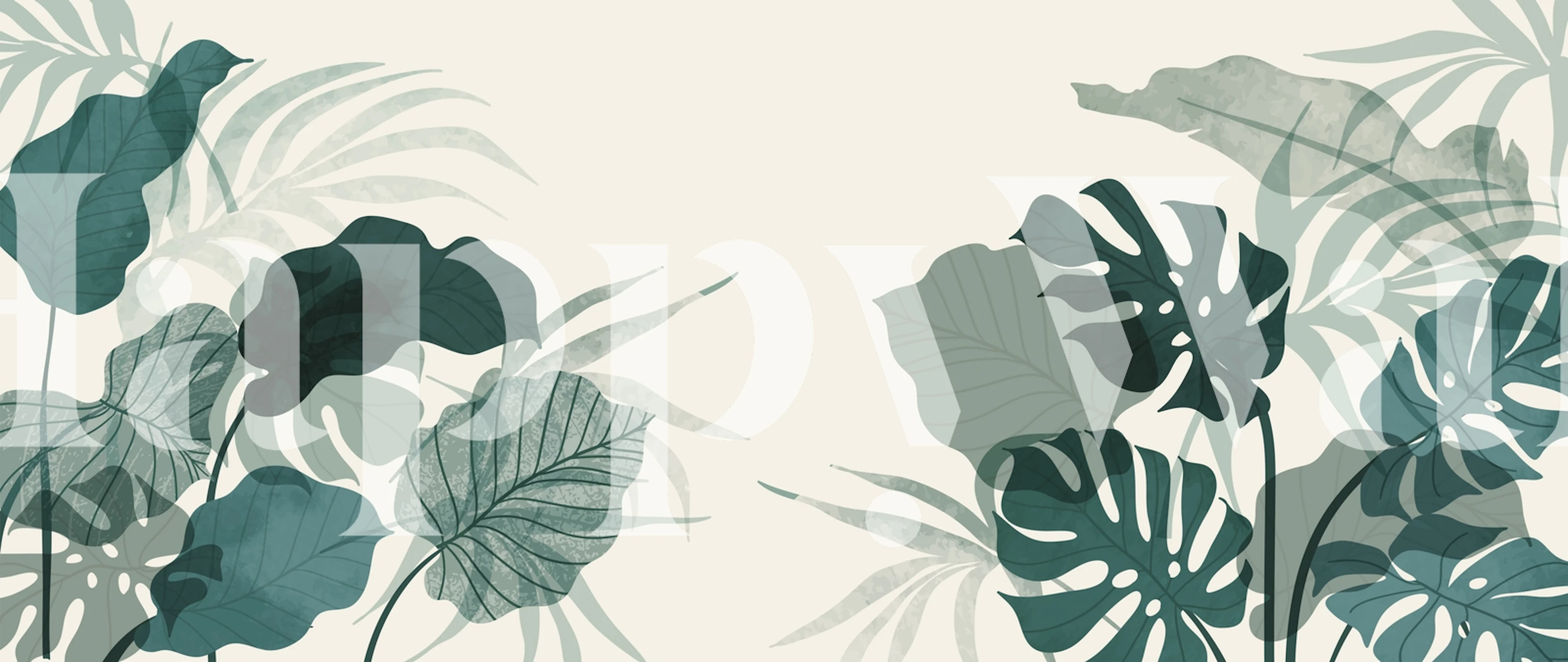 Tropical leaves in shades of green and blue on cream wallpaper