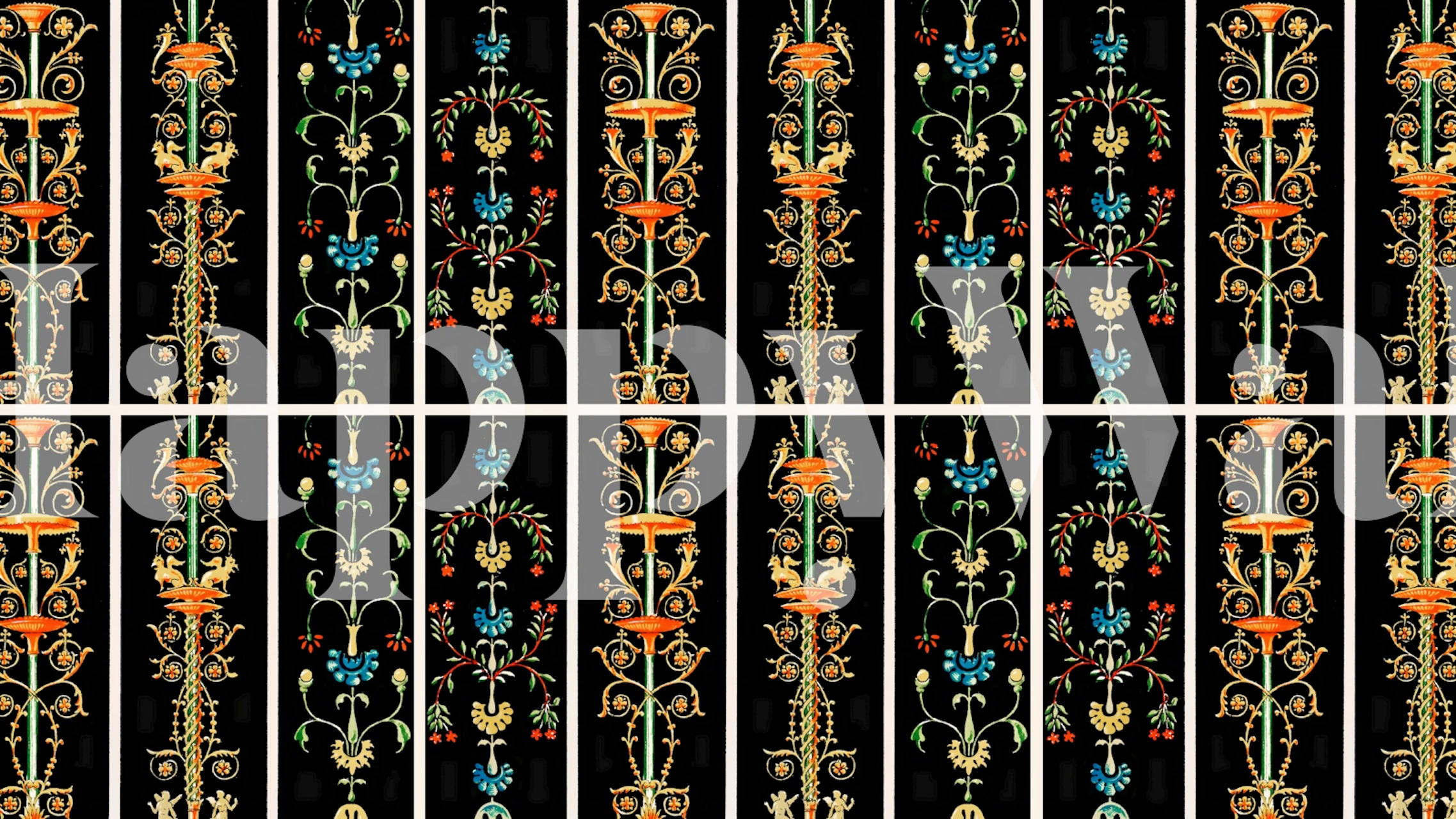 Scandinavisch geïnspireerde vintage bloemmotief muurschildering op een donkere achtergrond
