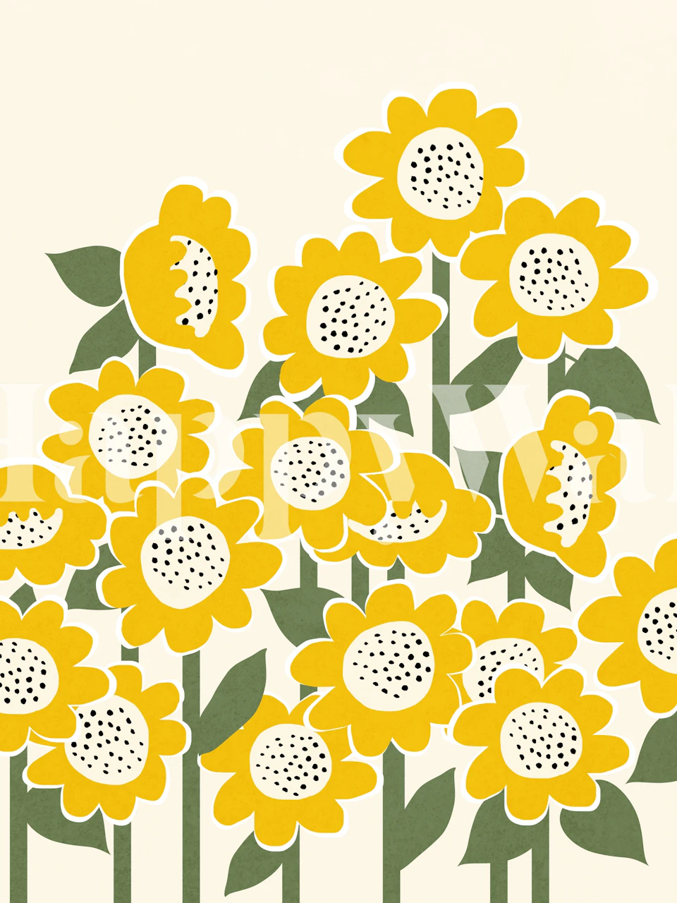 Yellow sunflowers with green leaves on cream background wallpaper