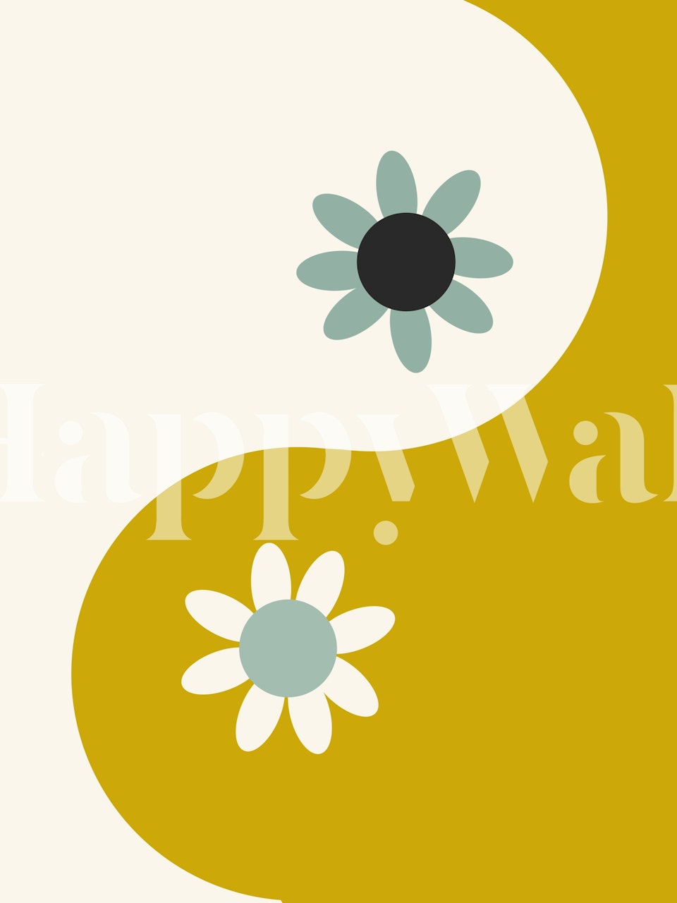 Yin Yang floral design with earthy colors in black, mint, and yellow wallpaper