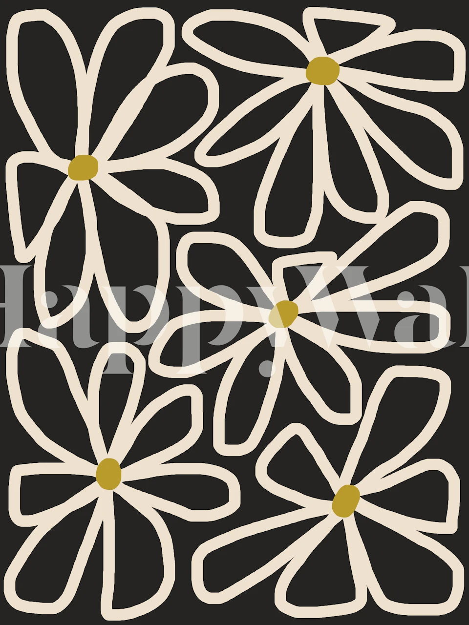 Large abstract cream flowers with yellow centers on a black background wallpaper