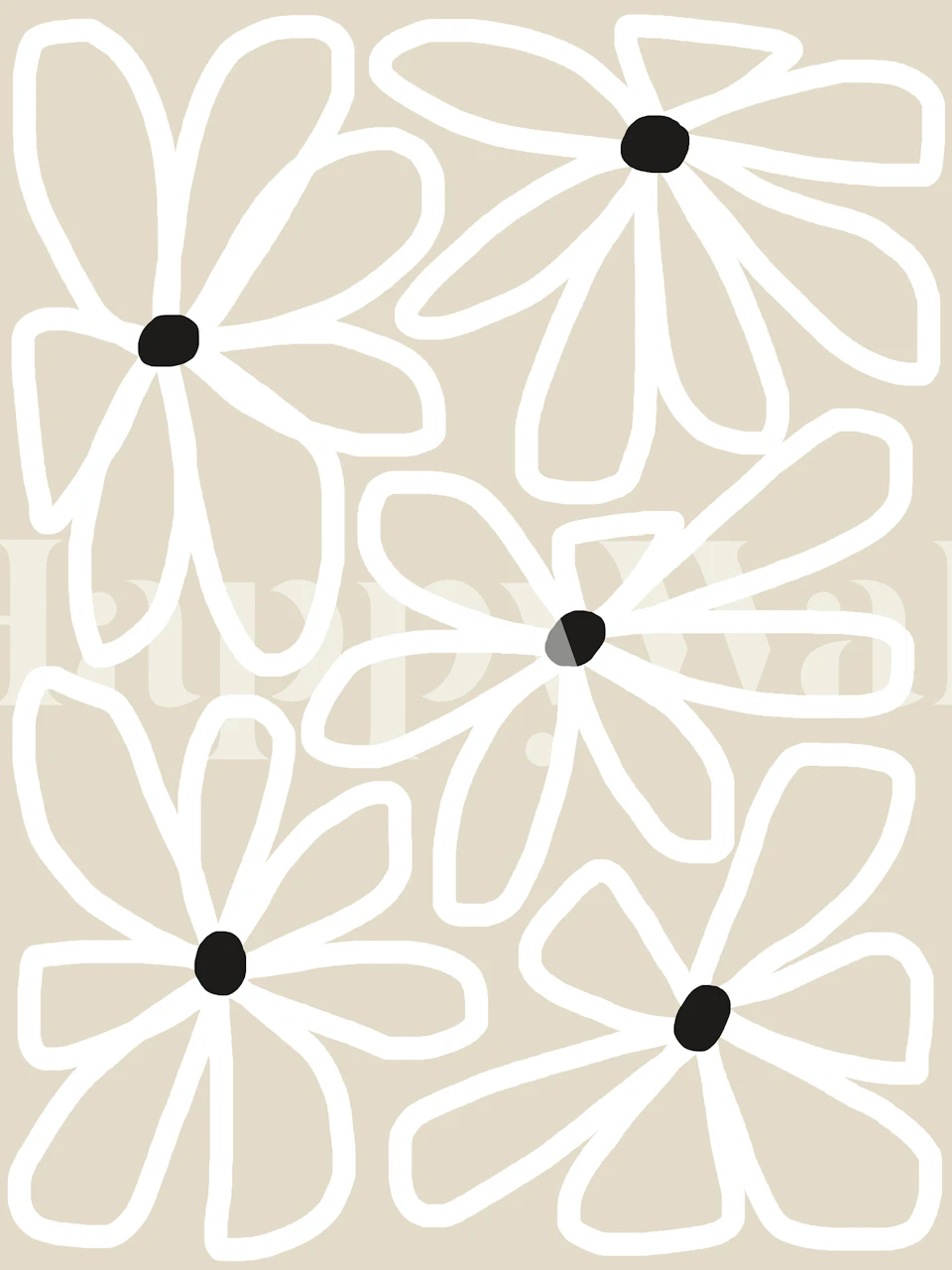 White outlined daisies with black centers on a beige background wallpaper