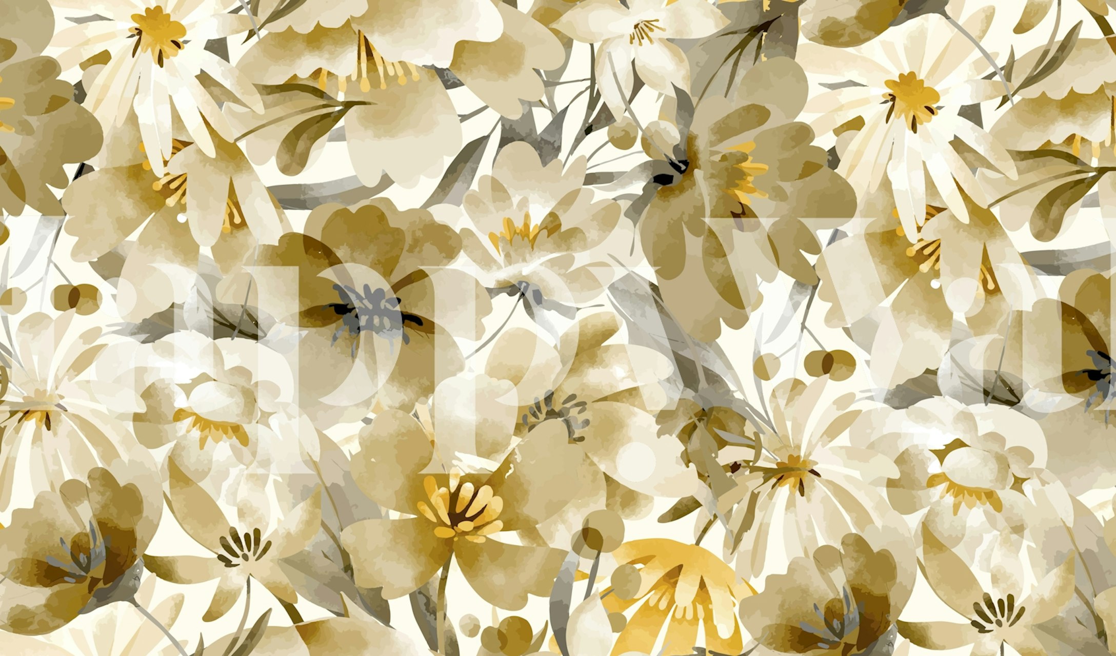 Beige floral pattern with yellow and gray flowers on a light background wallpaper
