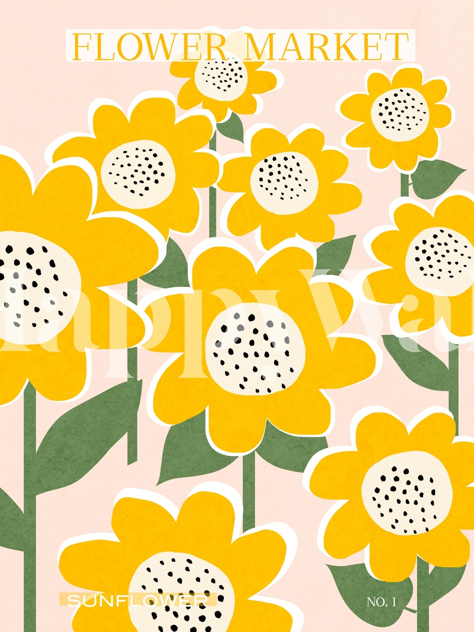Bright yellow sunflower patterns with green leaves on pastel pink wallpaper