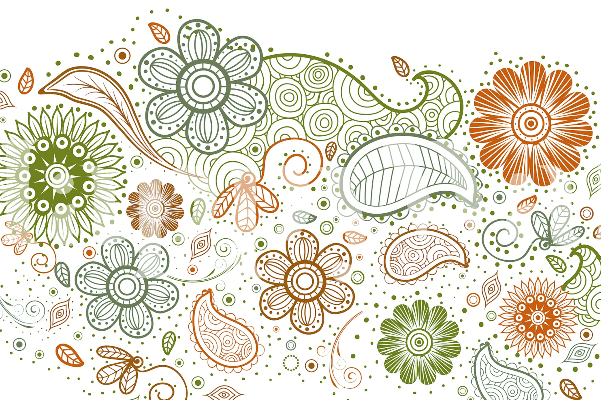 Floral outlines in green, orange, and white colors wallpaper