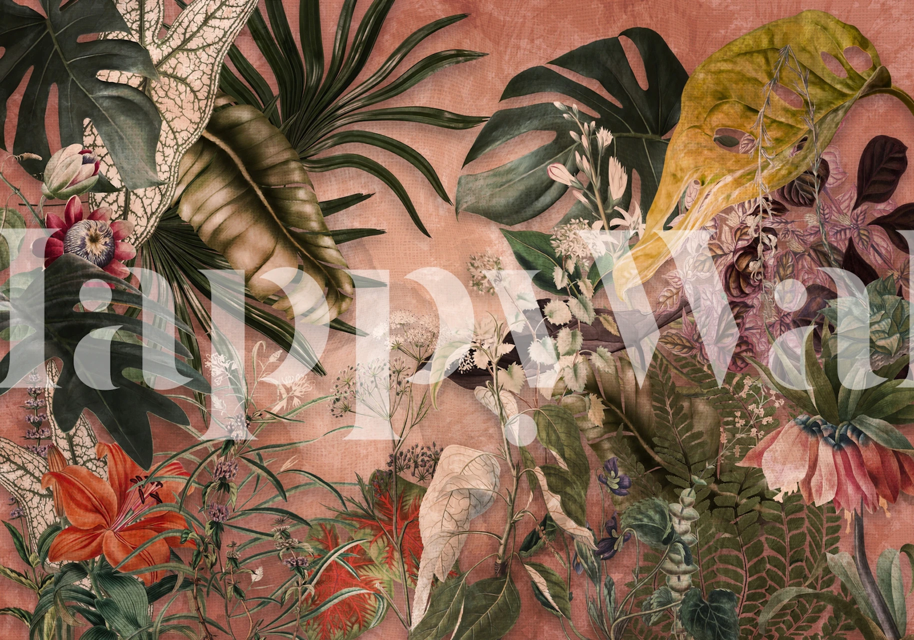 Tropische Blätter und Blumen in Koralle Farbton wallpaper