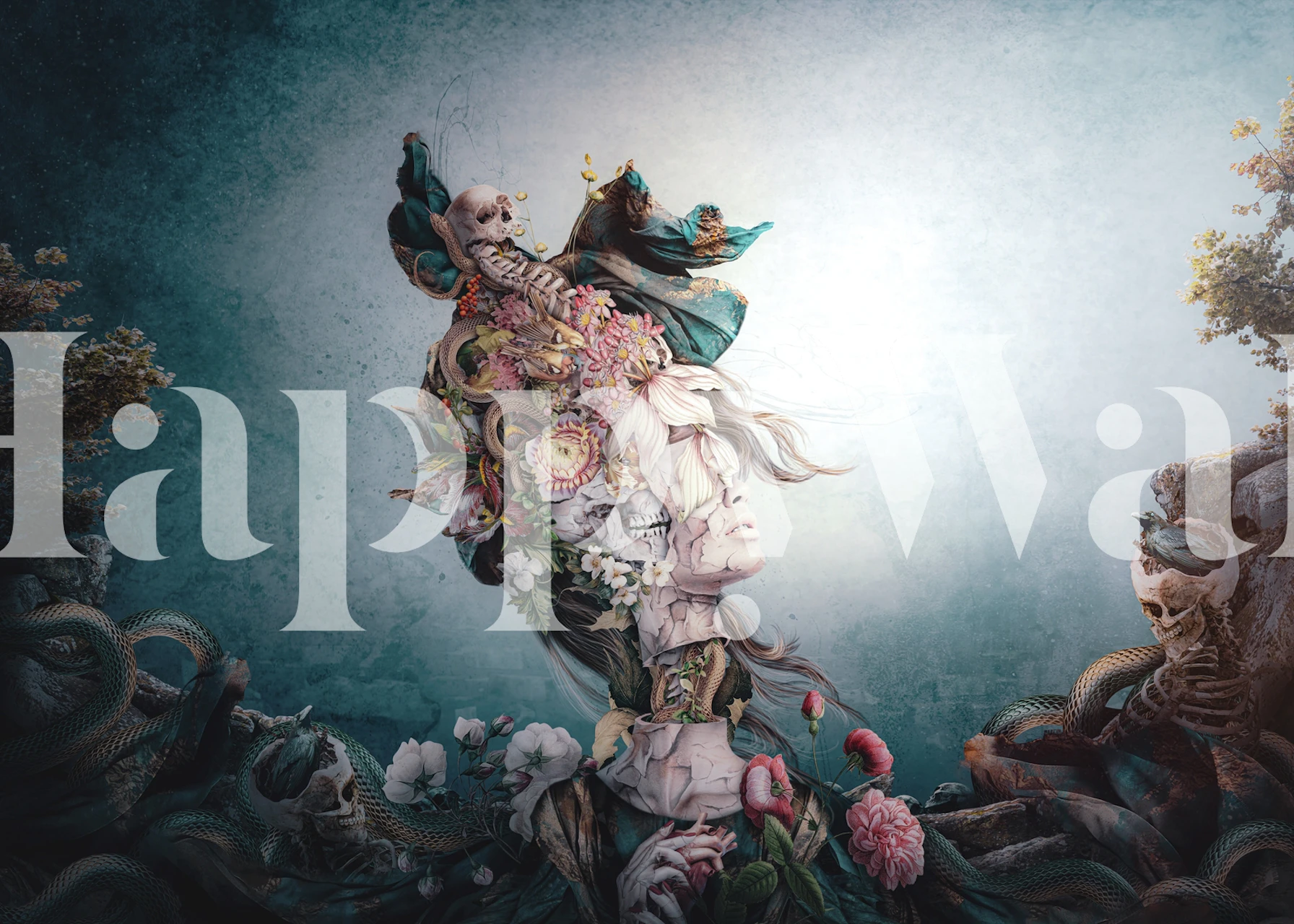 Intricate floral and snake design in vibrant colors wall mural