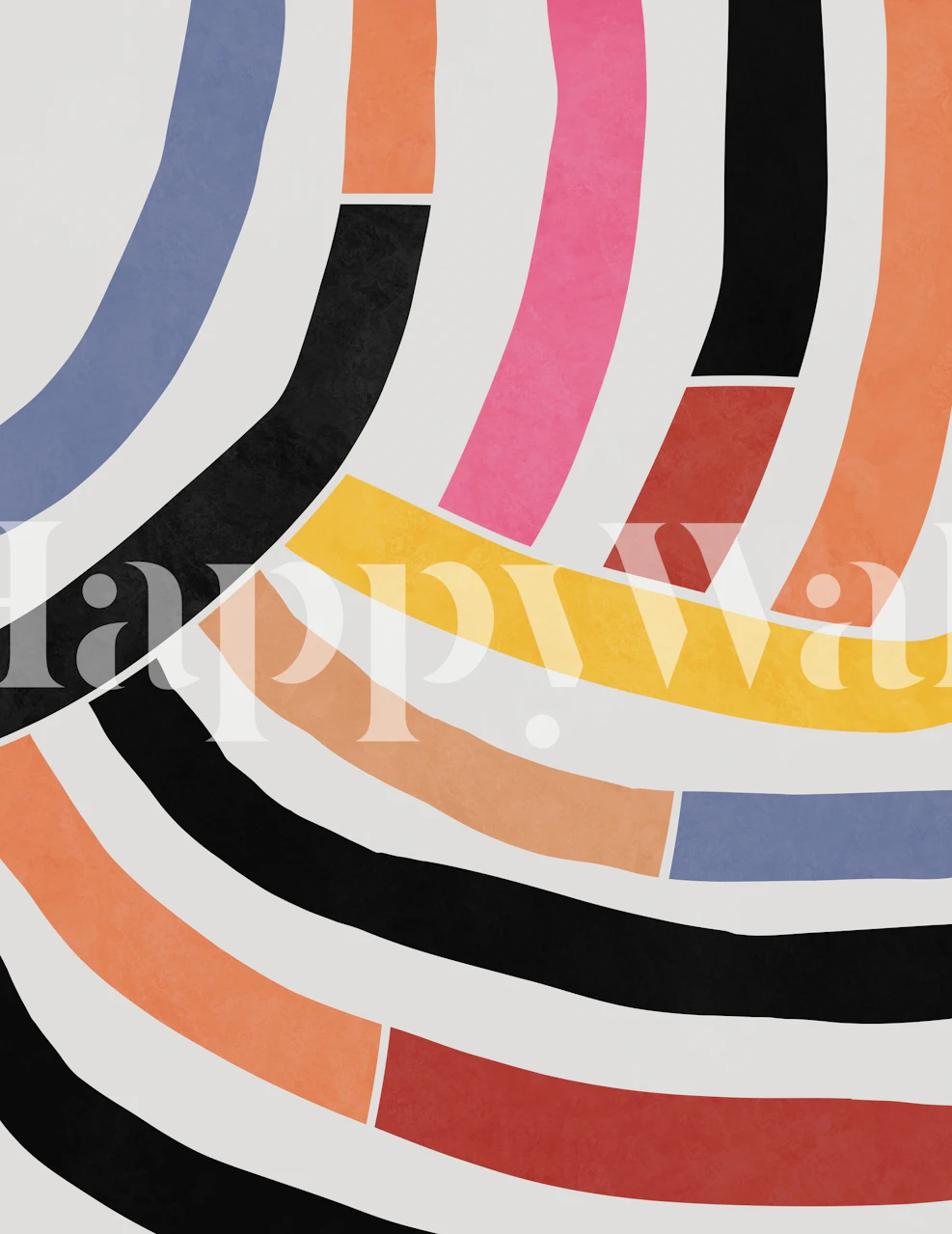 Curved lines in pink, blue, orange, and black on white wallpaper
