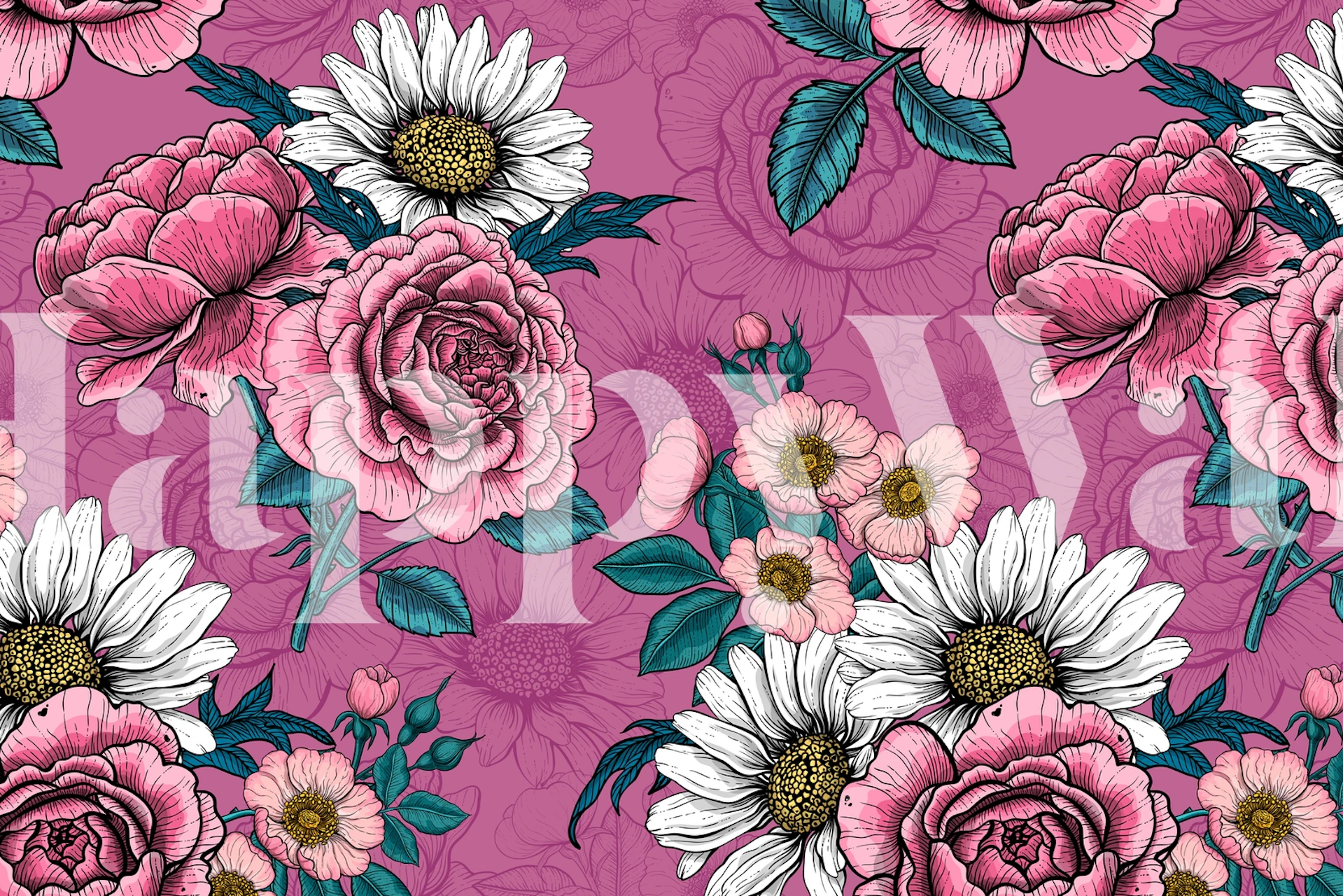 Vibrant pink floral wallpaper with pink roses and white daisies