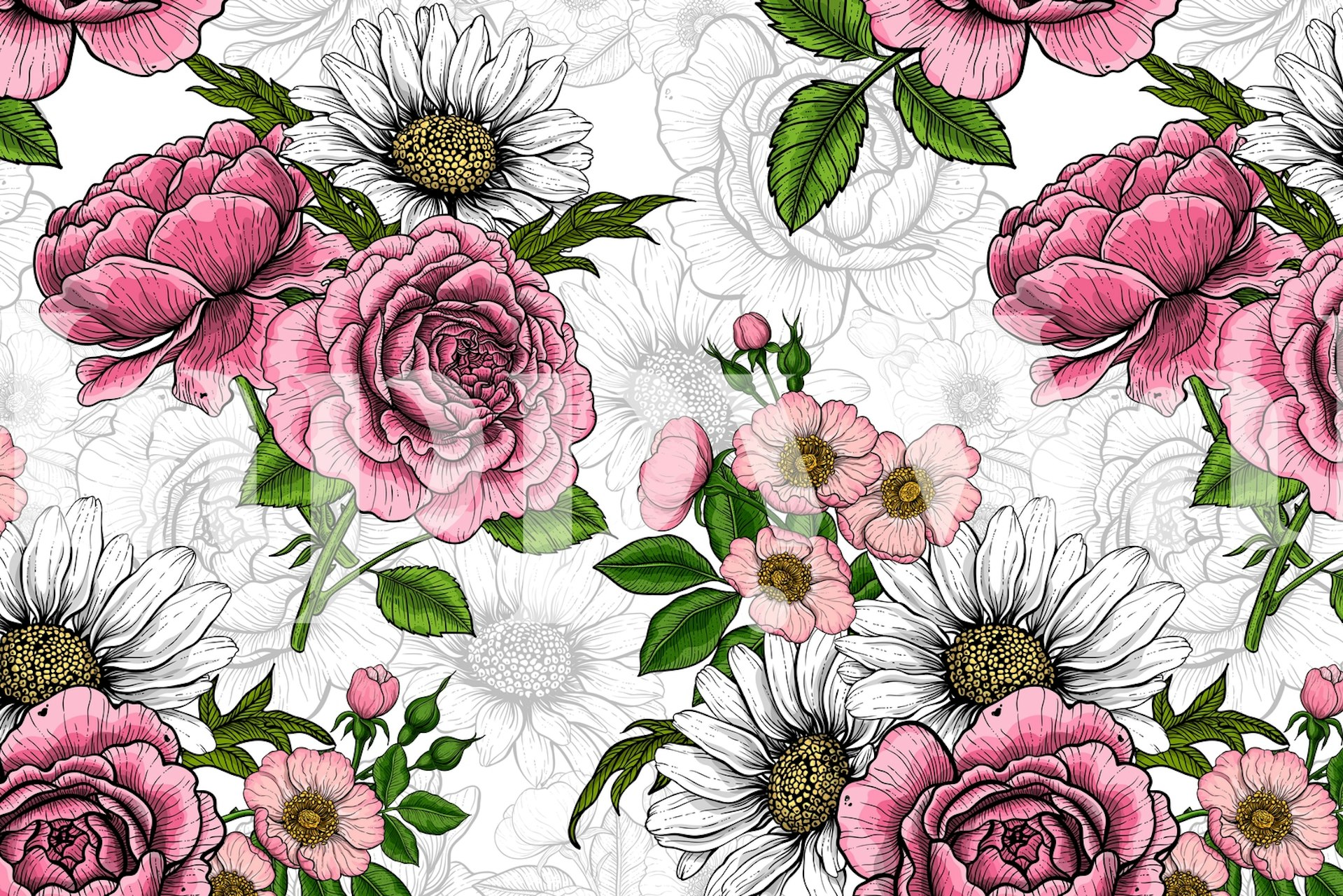 Summer Bouquets 2 wall mural featuring pink roses and daisies on a white background