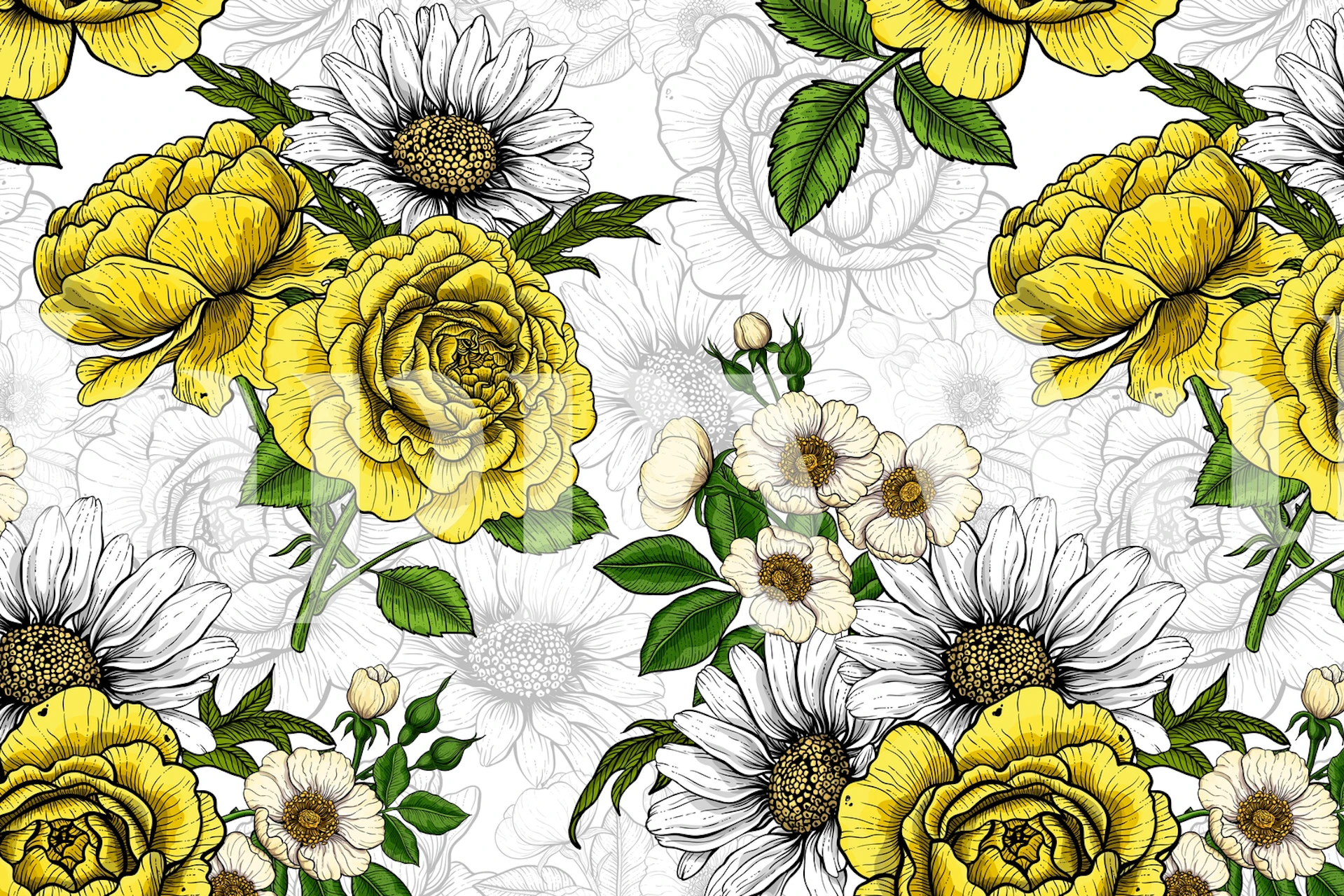 Yellow roses and white daisies on grey background wallpaper