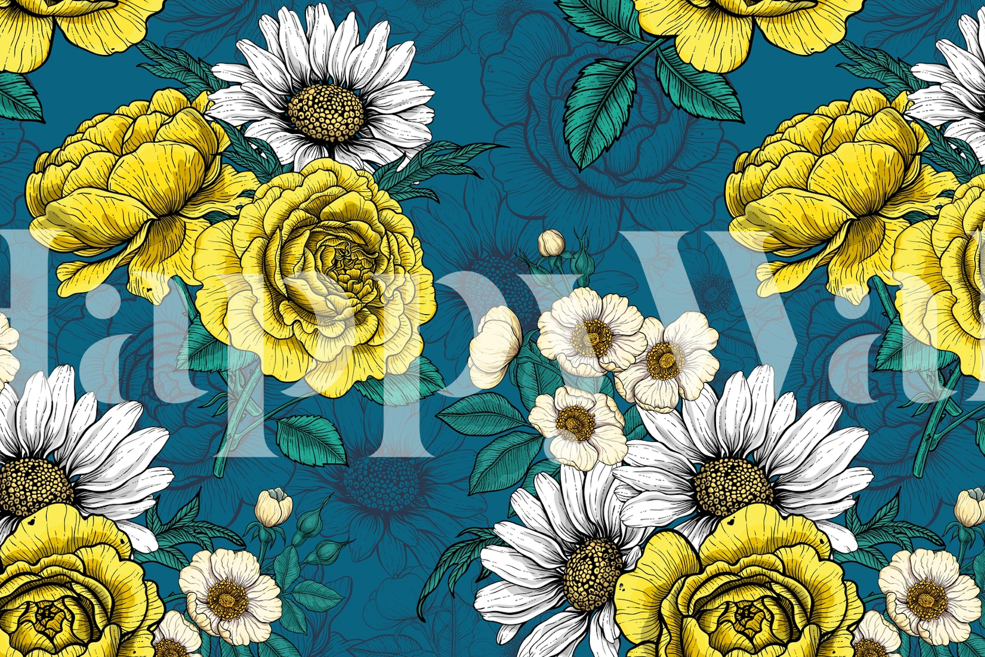 A floral wall mural with yellow roses and white daisies on a teal background.