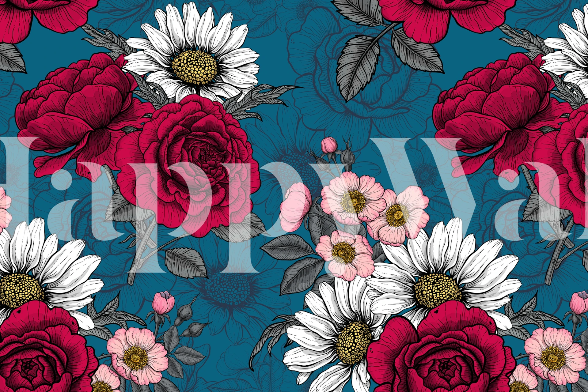 Blue floral wallpaper with red roses and white daisies