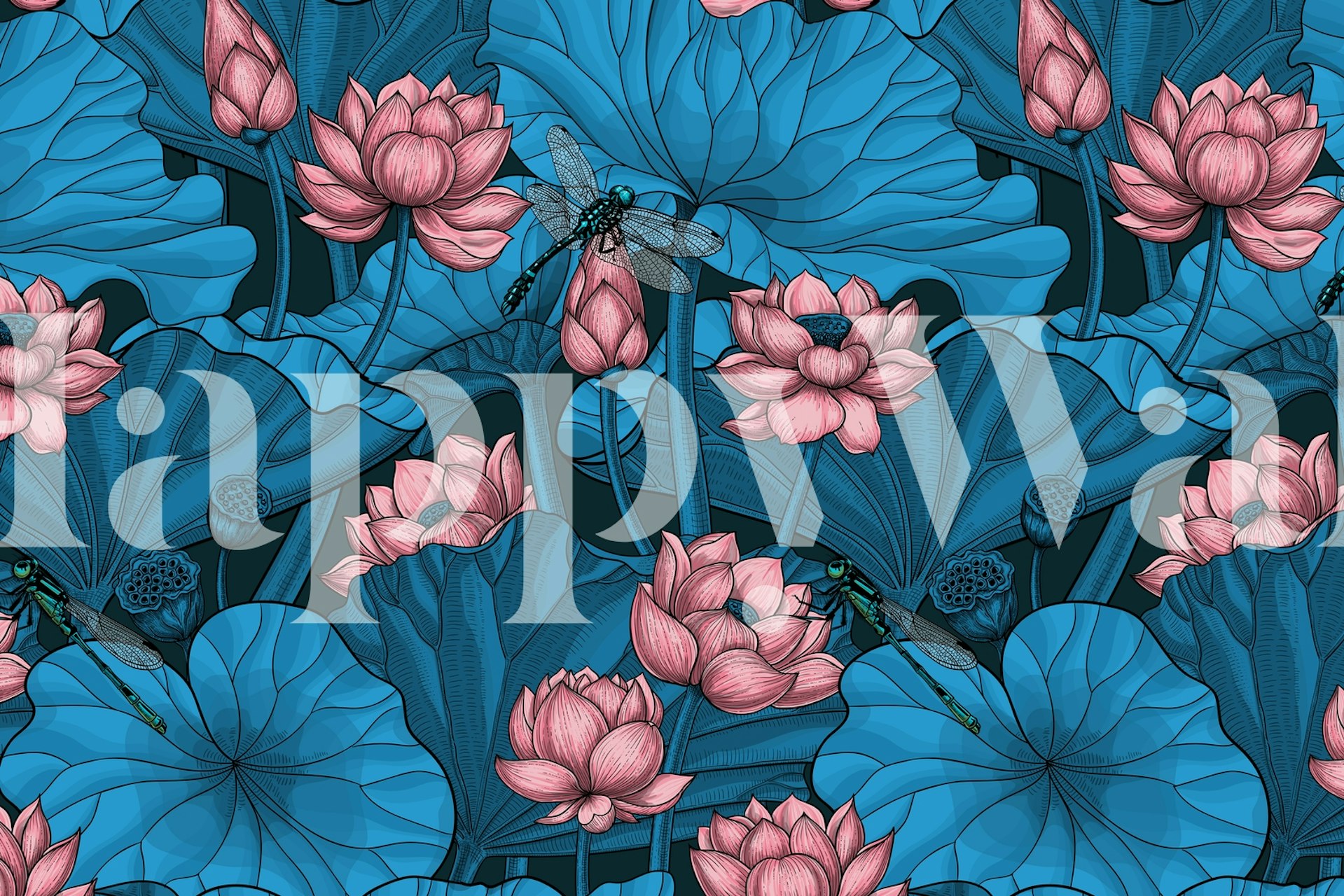 Blue floral lotus wallpaper with pink flowers and dragonflies