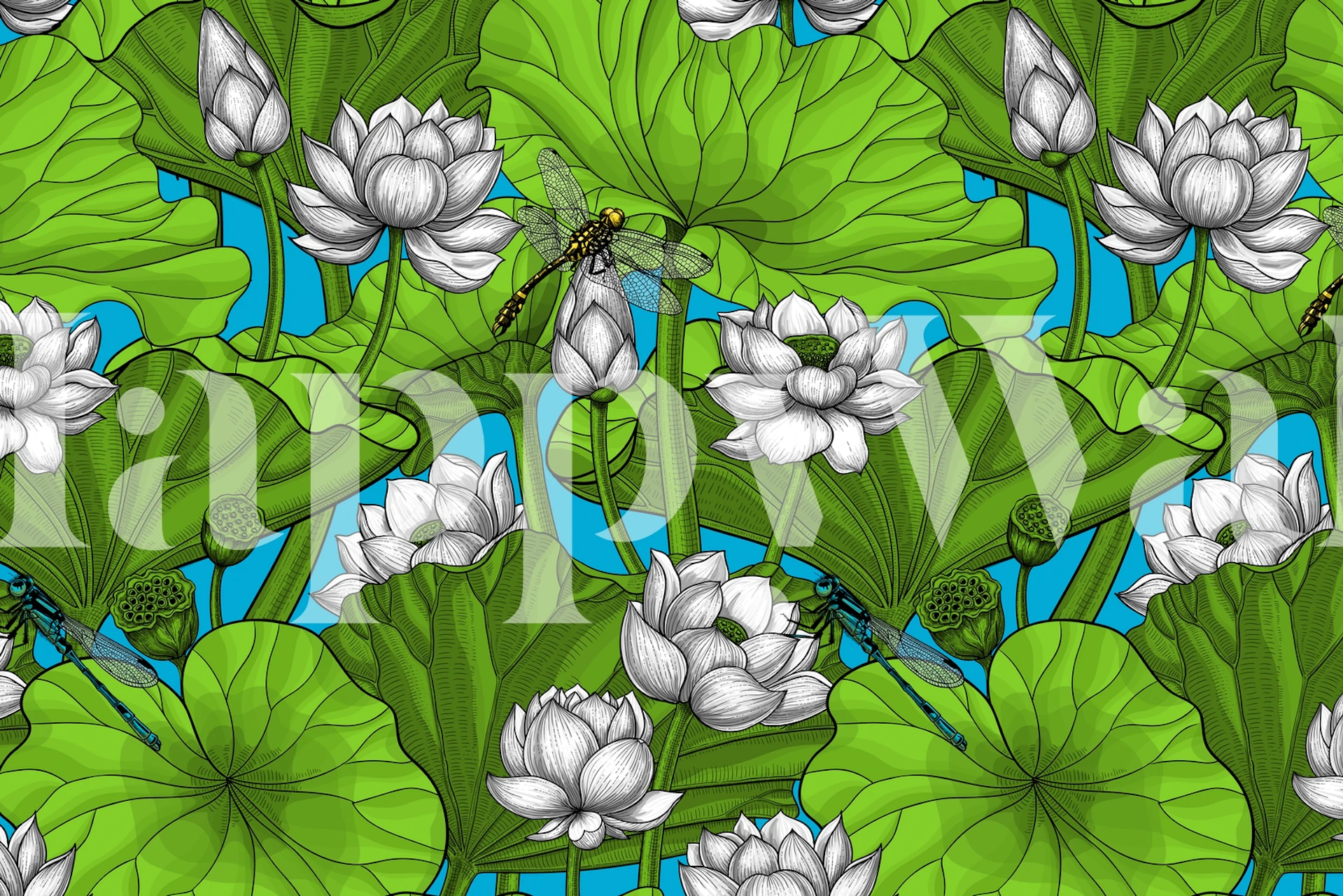 Carta da parati floreale Lotus Garden con fiori di loto bianchi e foglie verdi su sfondo blu